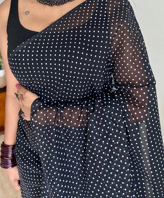 Black with white polka dots mul cotton saree  - YCBCMCAP51