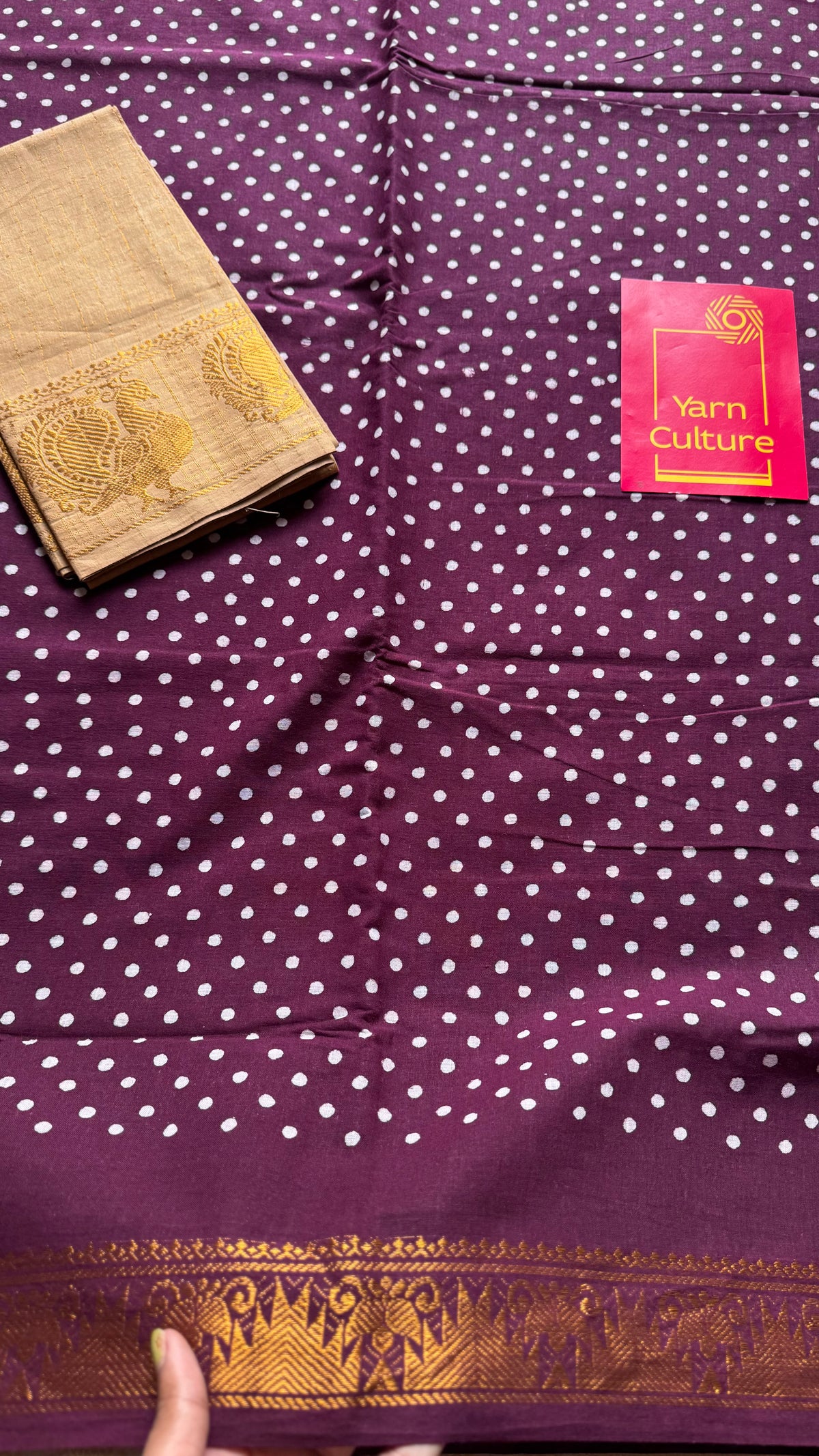 Grape wine sungudi dotted, single-side border, kattuchayam dyed madurai cotton saree - YCCOTNMSSE03