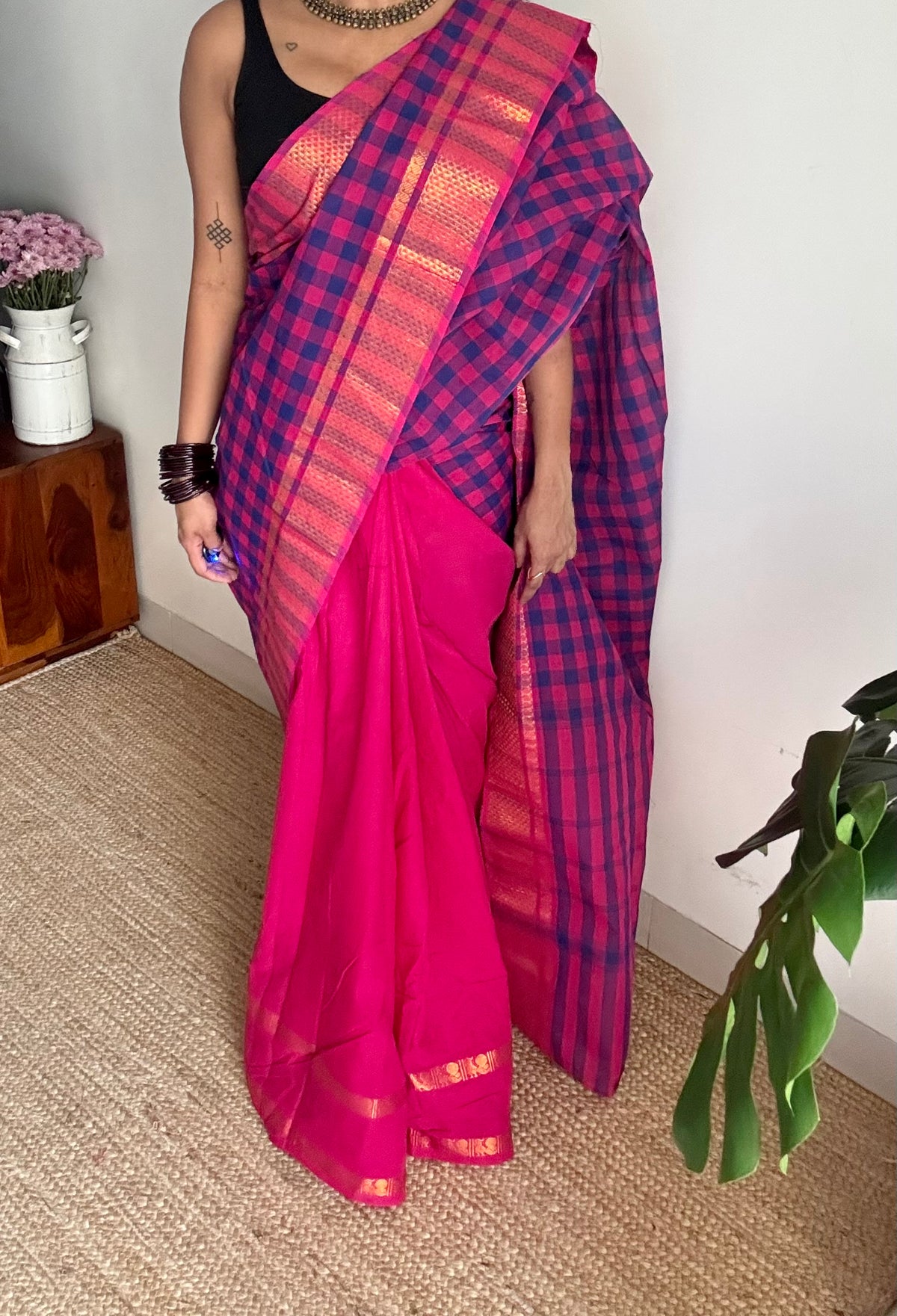 Multicoloured checks with hot pink, sungudi and chettinad cotton half and half saree - YCCOTNIDOC146