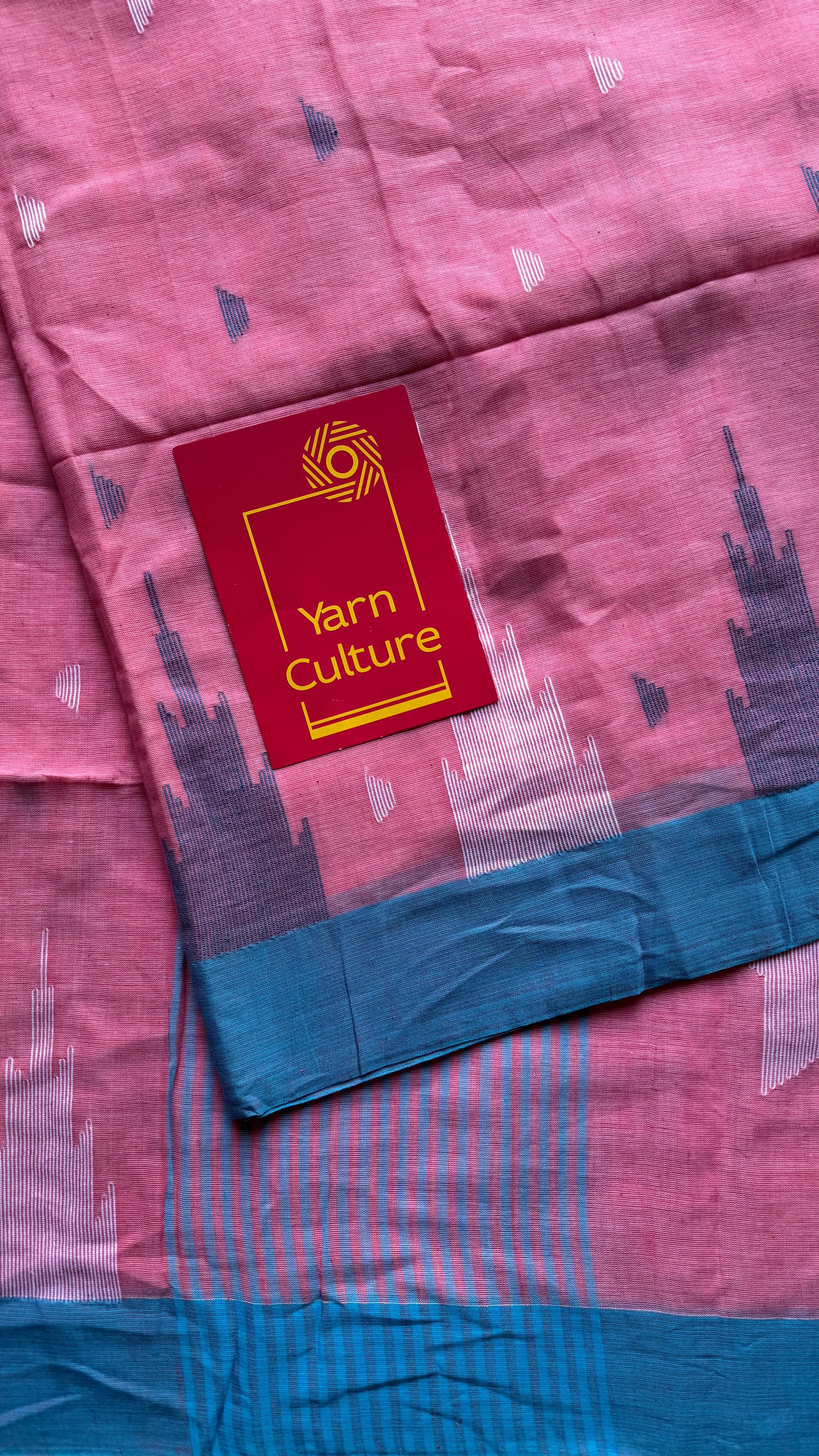 Peach pink with blue borders, temple motif woven threadwork, soft cotton - YCBCMKCDE31