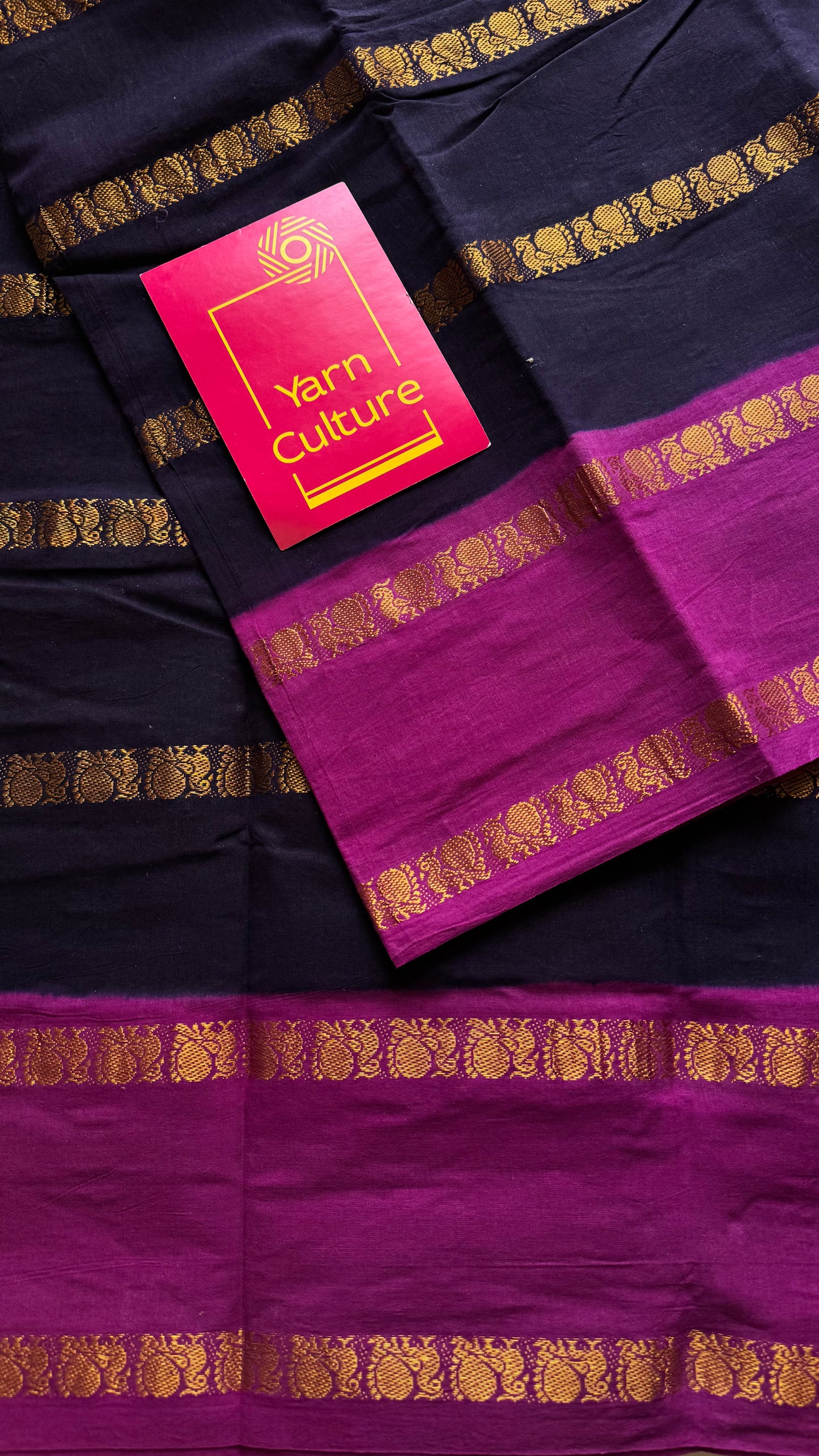 Dark blue with magenta peacock striped sungudi, kattuchayam dyed madurai cotton - YCCOTNMSAP165