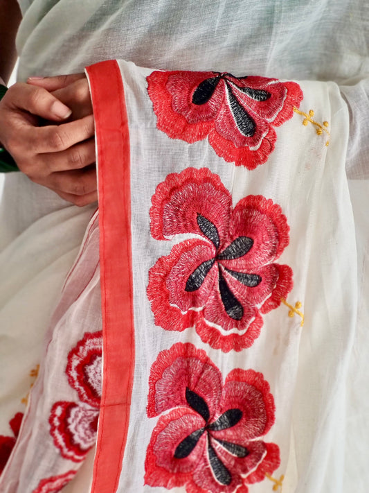 Chembarathi : Red Hibiscus flower cutwork in soft cotton, YCON25BCSC241
