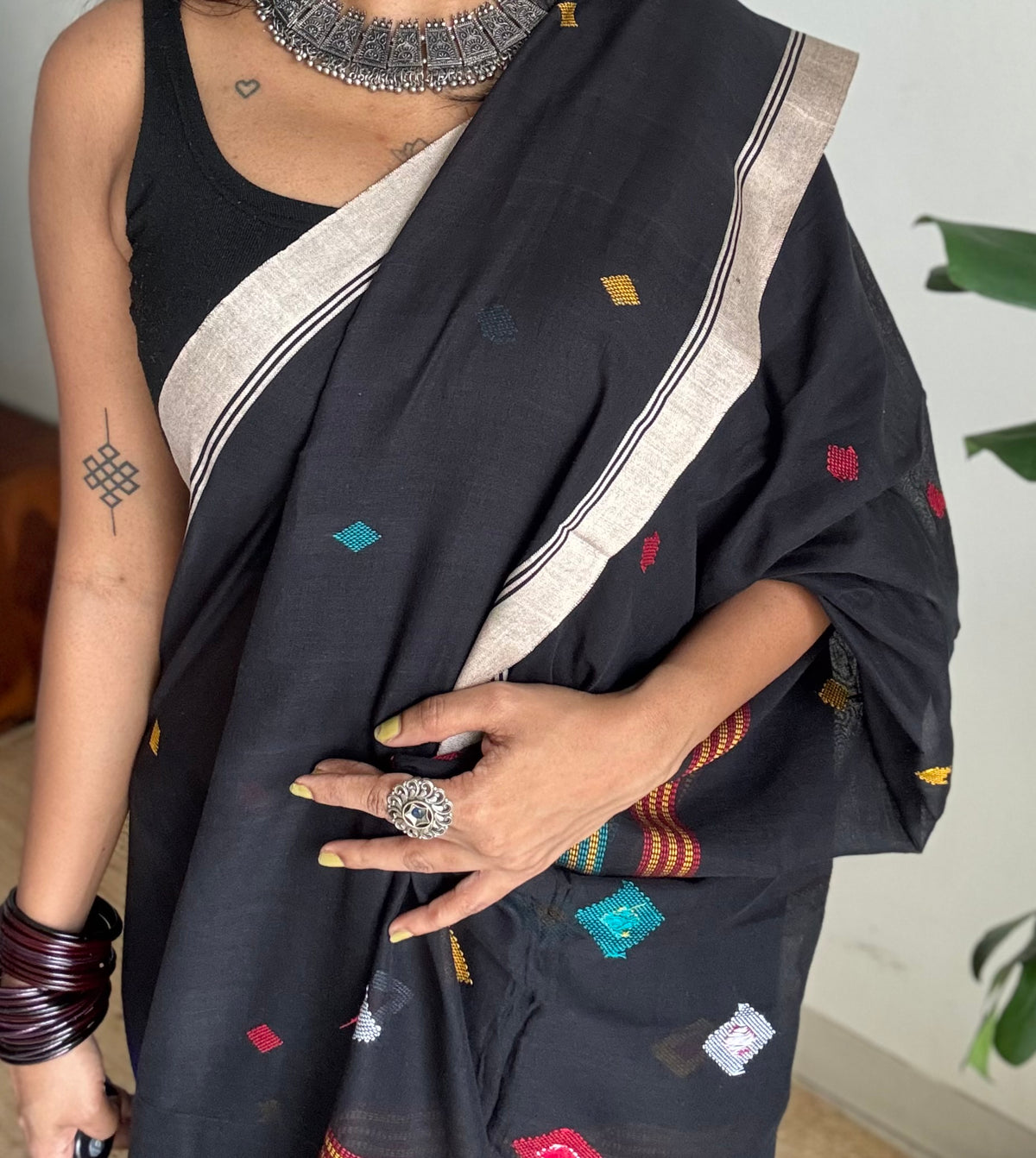 Handloom Bengal soft cotton saree, black with woven buttas and beige borders - YCBCMCSE37