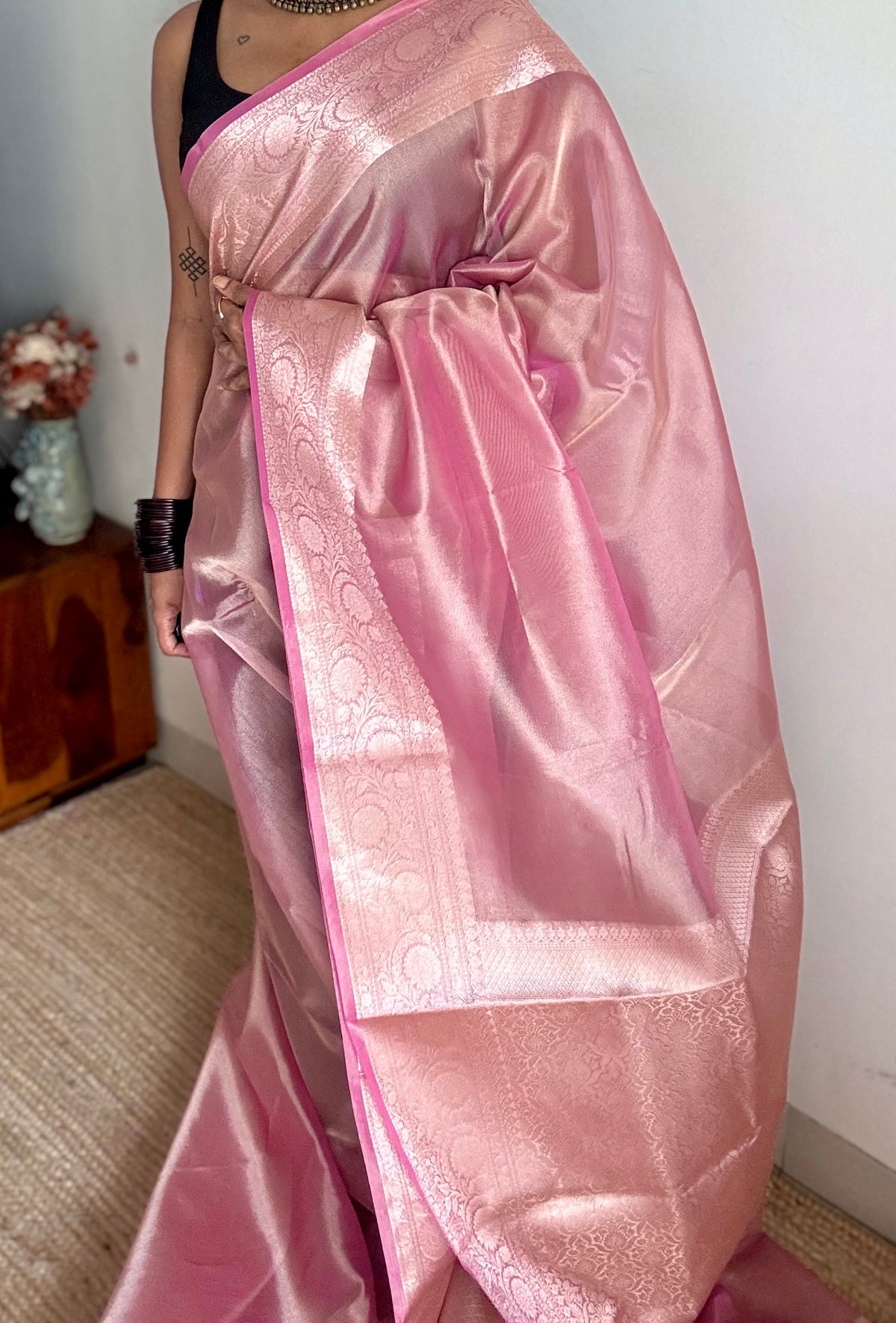 Pink tissue Banarasi saree with zari border - YCBLTOC90