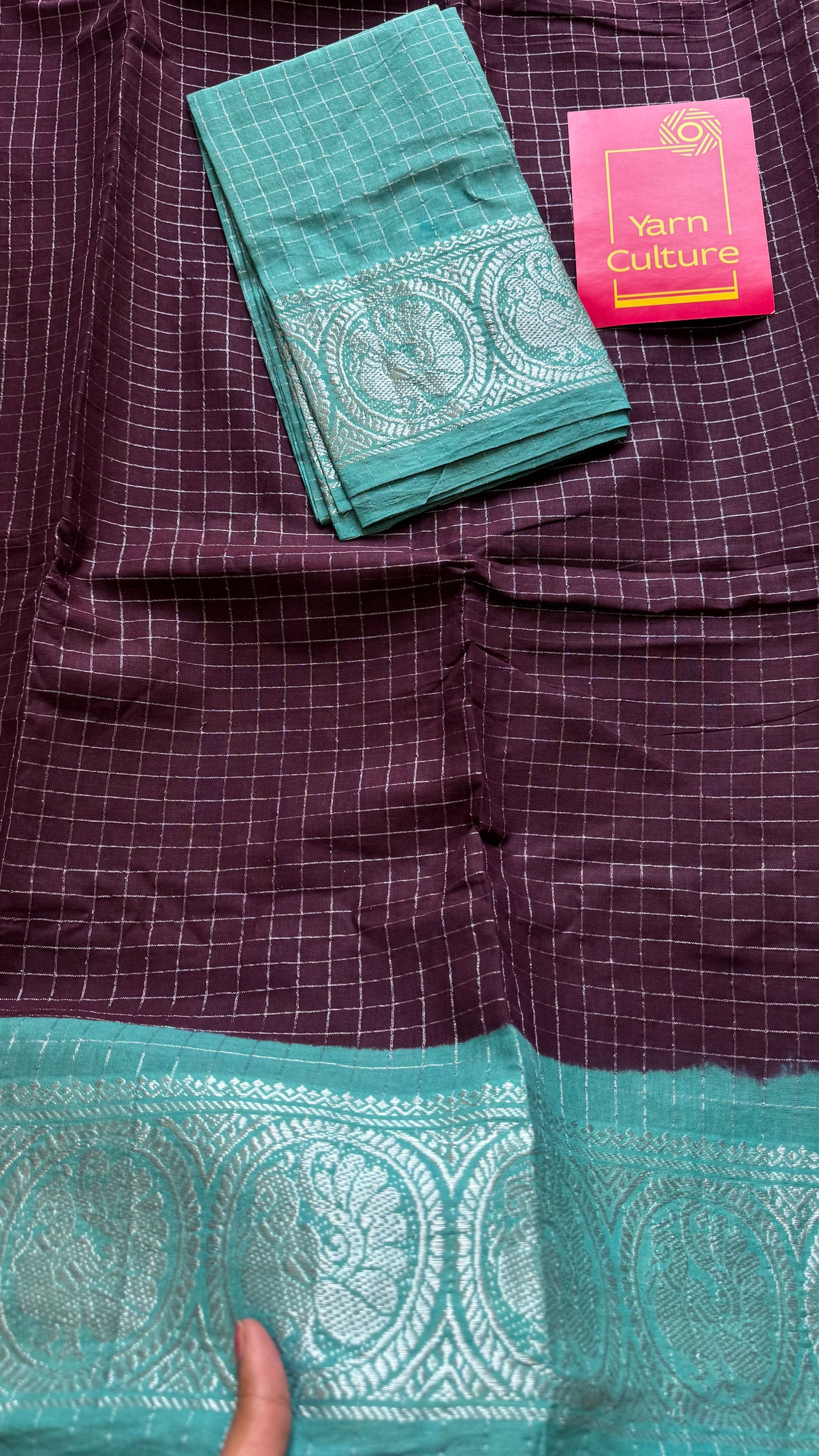 Purple brown with turquoise, silver zari checkered sungudi, kattuchayam dyed madurai cotton - YCCOTNMSAP106