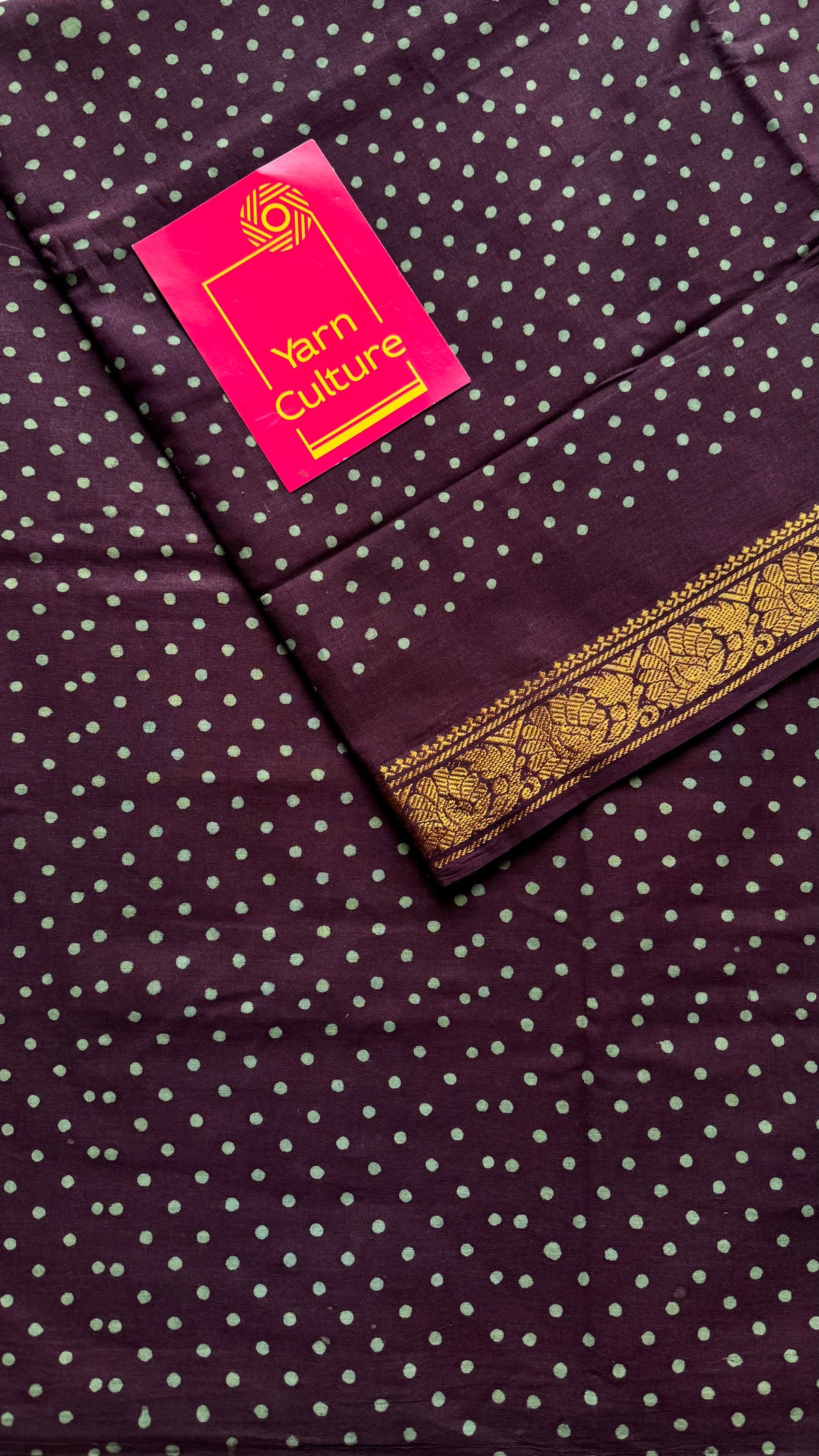 Purple brown sungudi dotted, single-side border, kattuchayam dyed madurai cotton saree - YCCOTNMSSE06