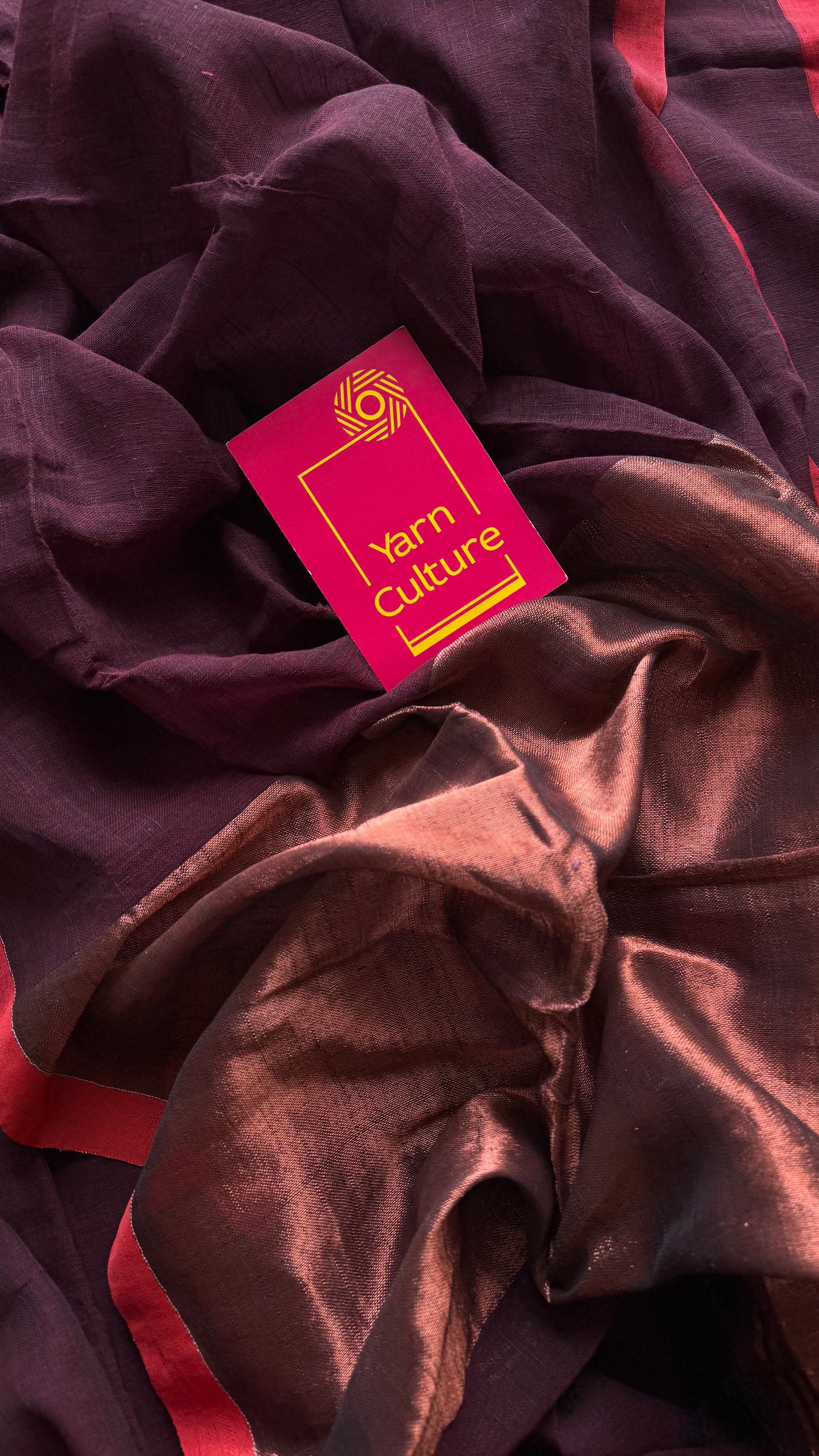 Maroon plain linen by cotton saree with copper zari pallu - YCBCLCFE398