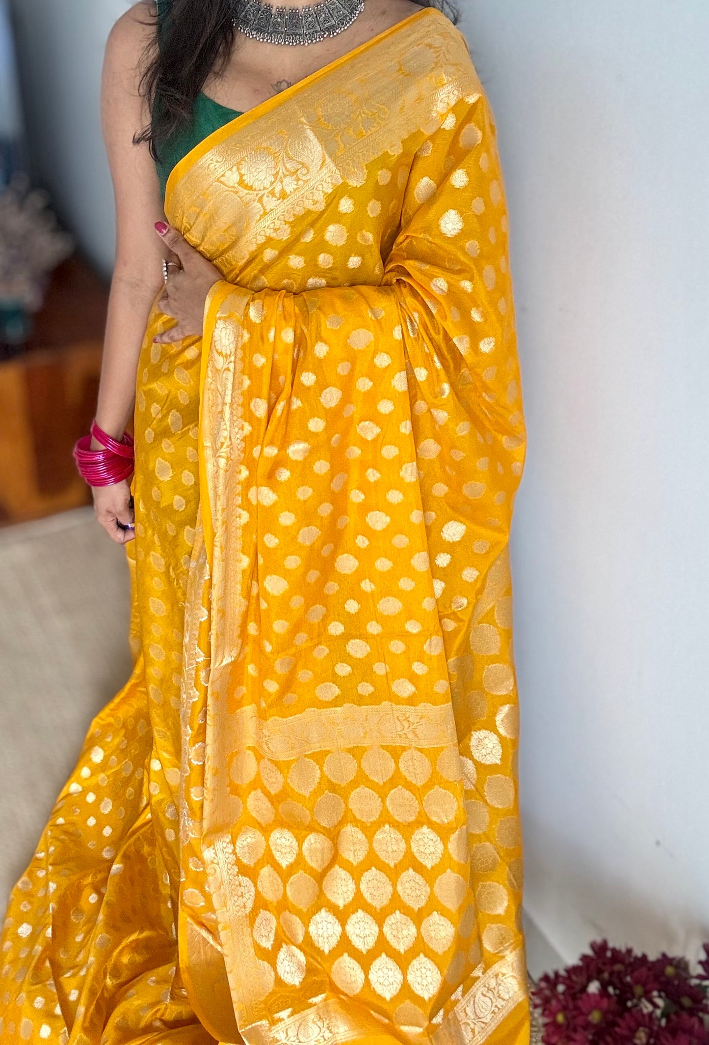 Orangish dark yellow, silver buttas and zari, Banarasi semi-silk - YCDESE35