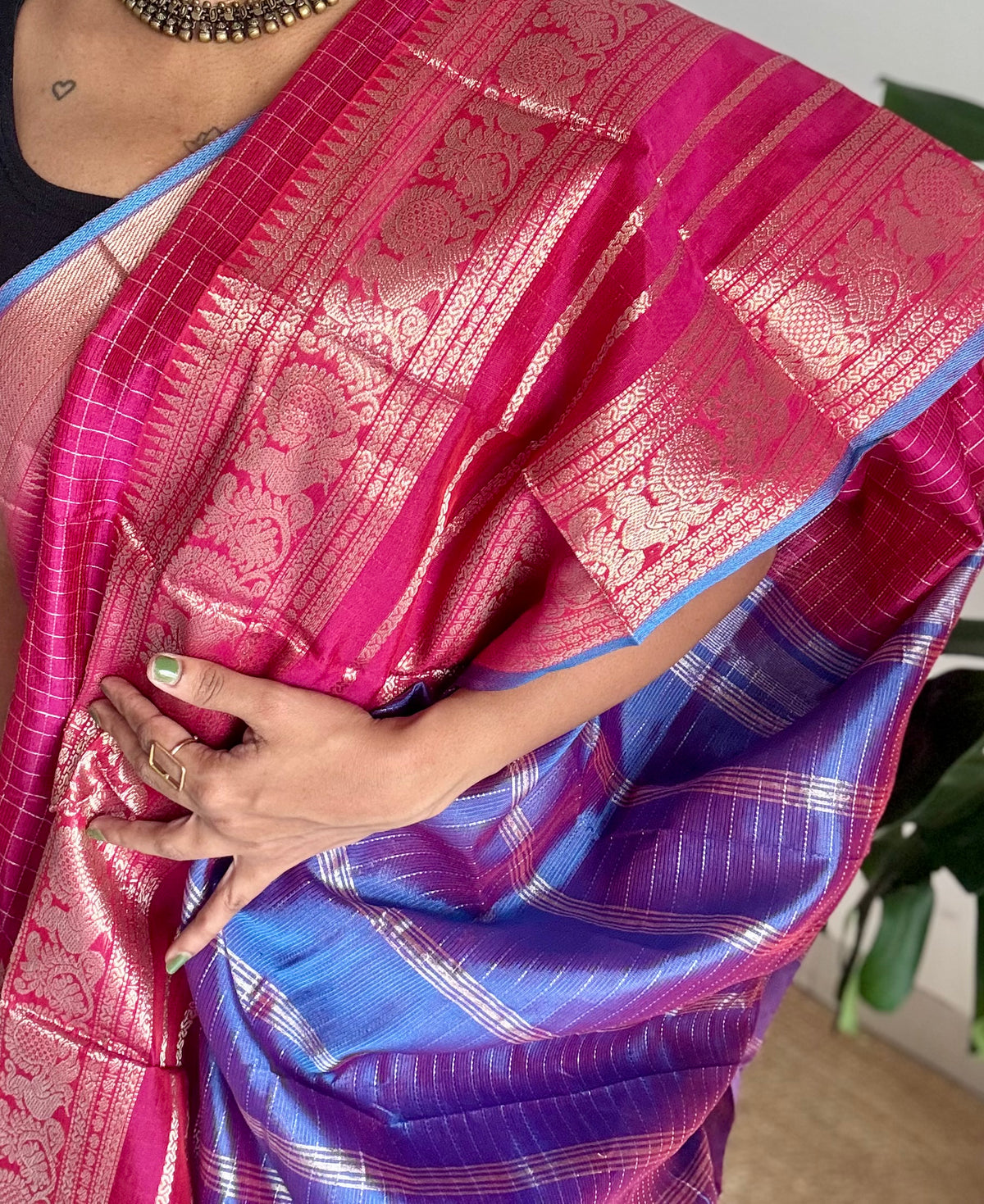 Dark berry pink with blue silver zari checks, silver and gold peacock woven zari border, mangalgiri silk cotton, handwoven, soft, light weight - YCWOTDMSCOC124