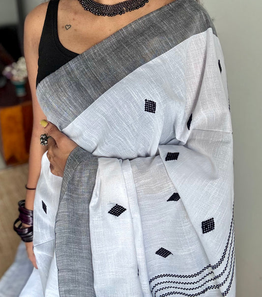 White with black, soft khadi cotton with woven motifs - YCBCKCDE23