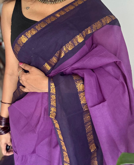 Purple with dark blue rettaipettu peacock double border, madurai soft cotton - YCCOTNMSAP204