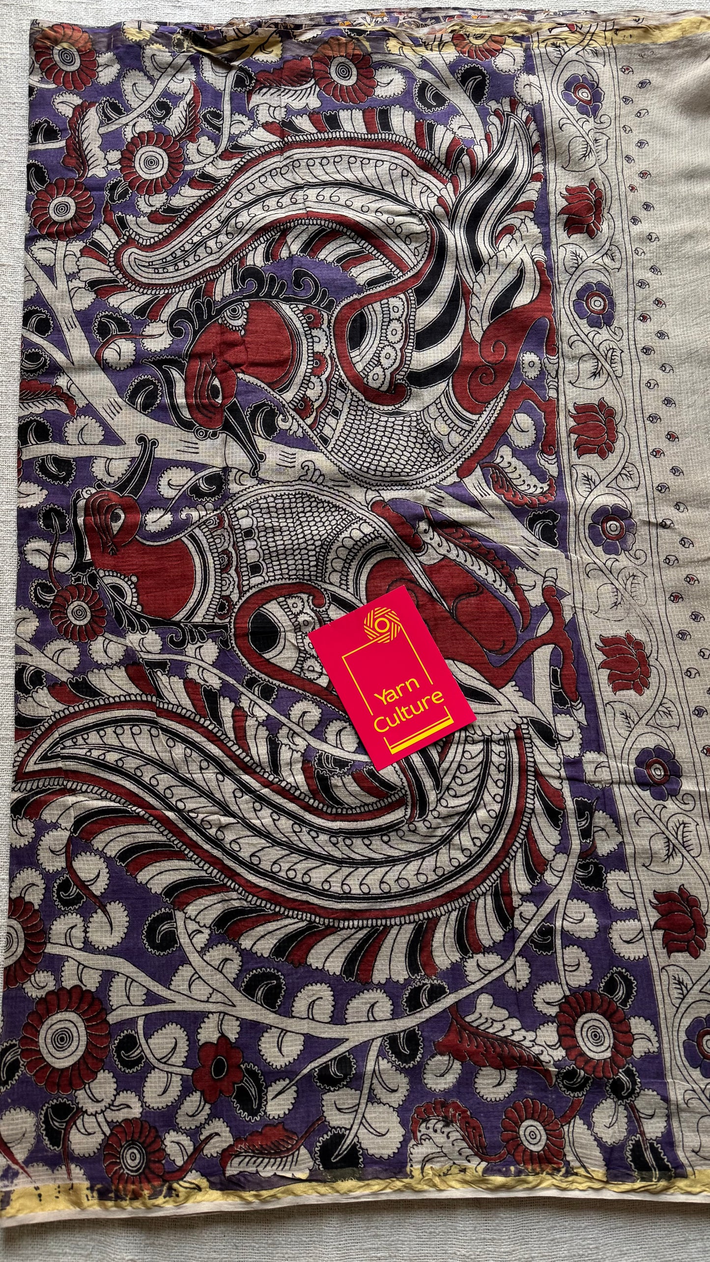 Purple cream red kalamkari saree in kota, with zari border - YCWOTDKKFE18