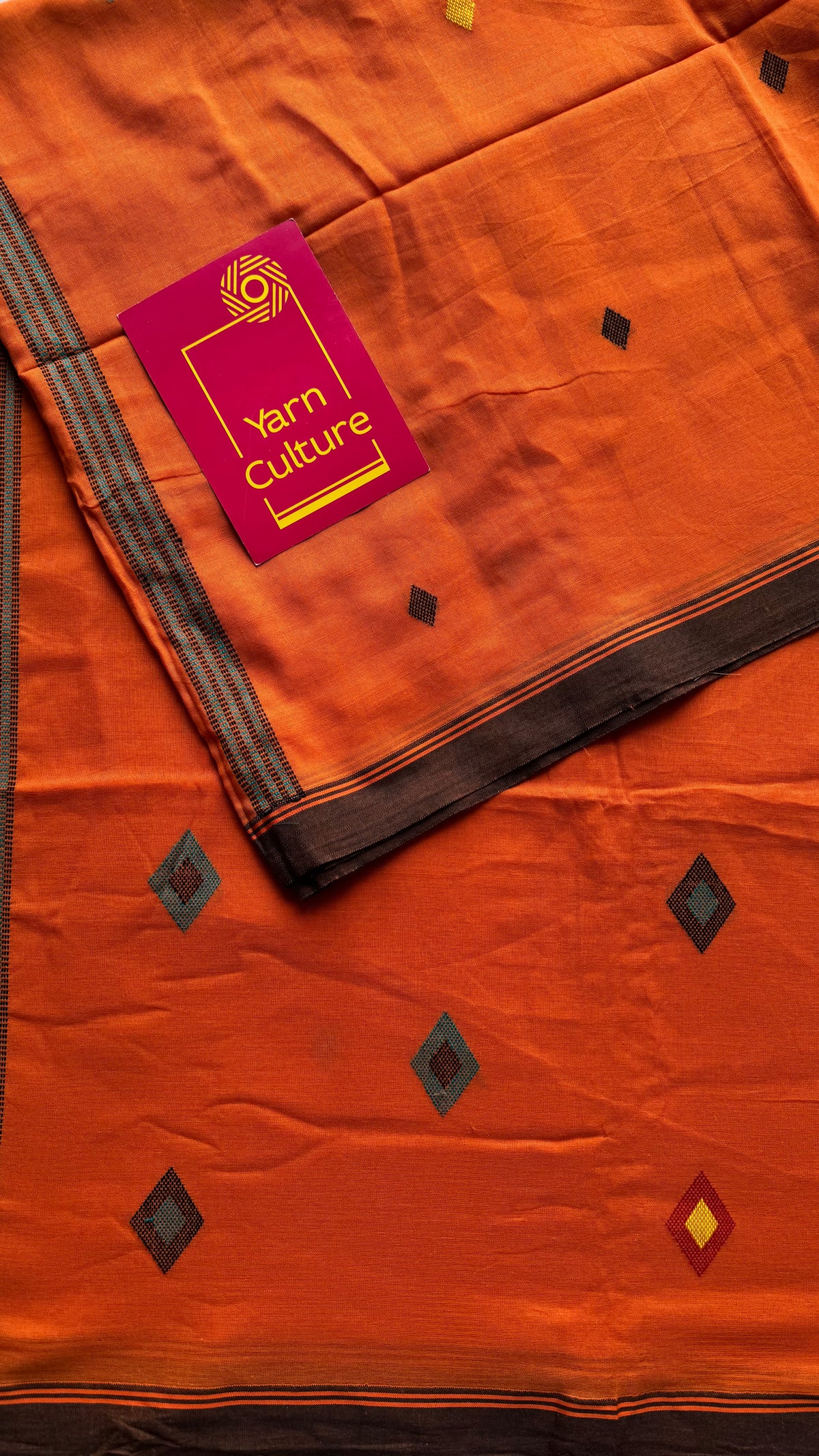 Handloom Bengal soft cotton saree, orange with woven buttas and brown borders - YCBCMCSE36