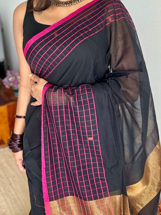 Black handloom mul saree with pink checkered borders and antique gold buttas - YCBCMCFE385
