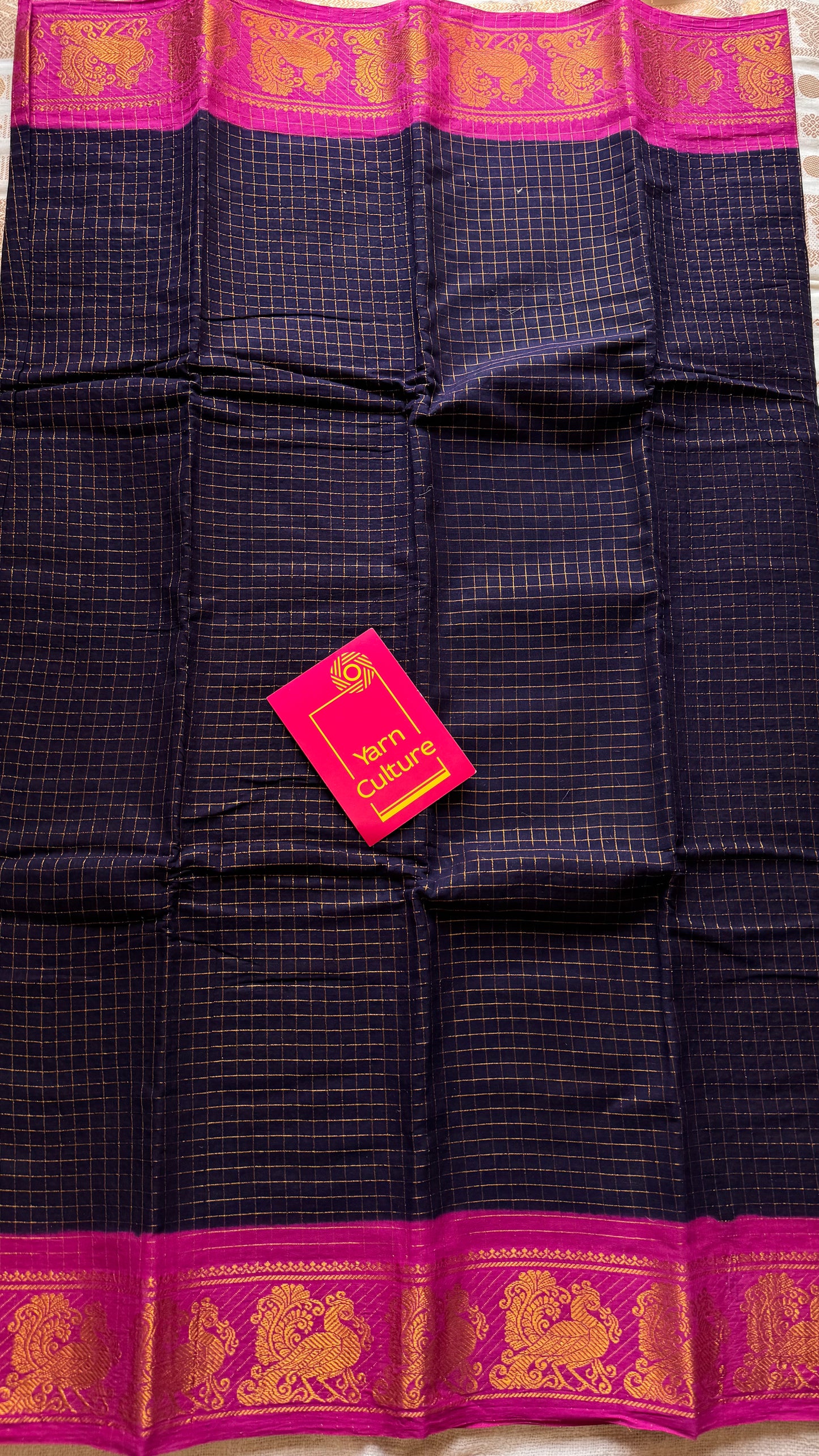 Dark blue with hot pink contrast zari checkered sungudi, kattuchayam dyed madurai cotton - YCCOTNMSAP194