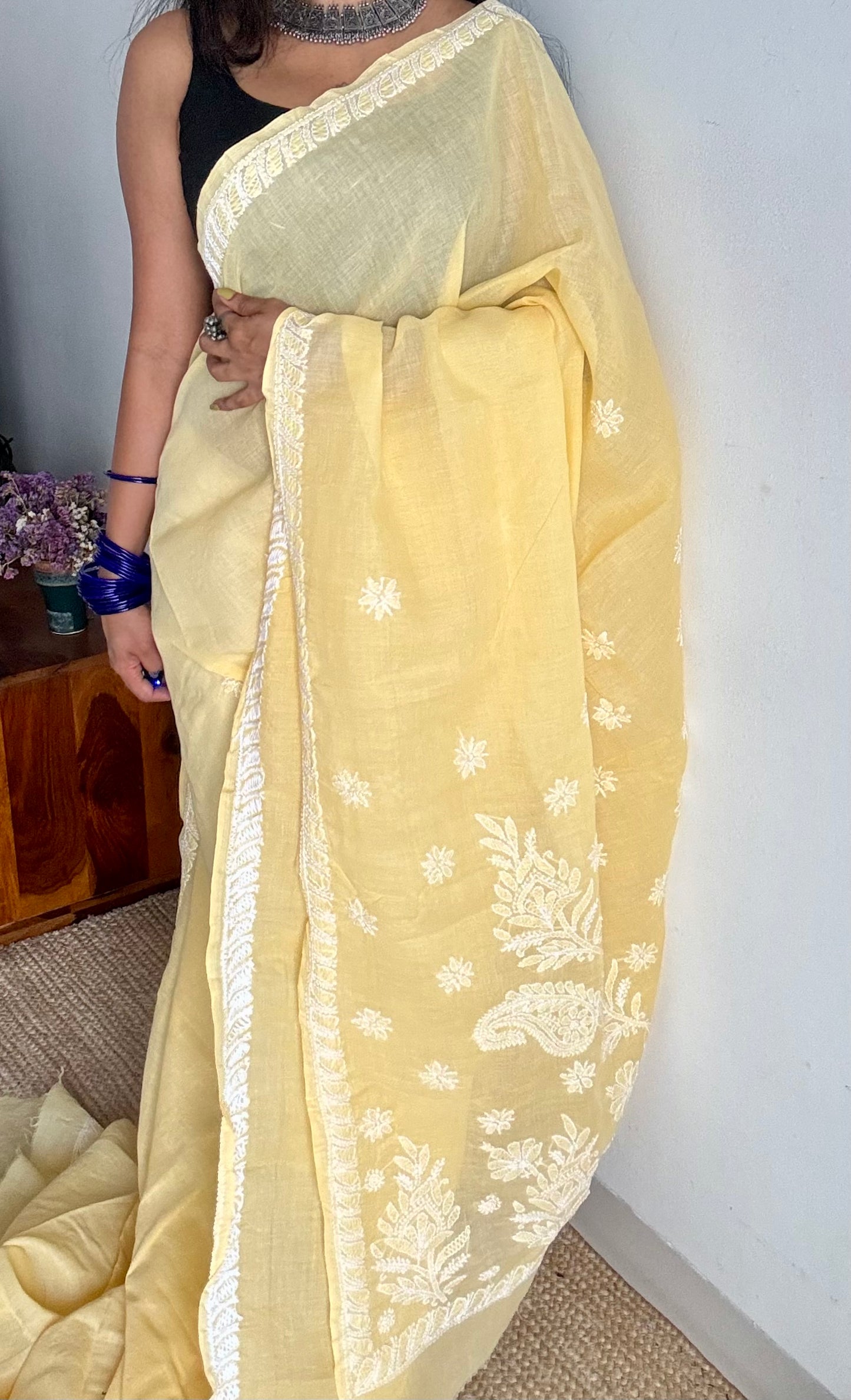 Ziya - light canary yellow hand-embroidered chikankari cotton saree - YCLCKFE417