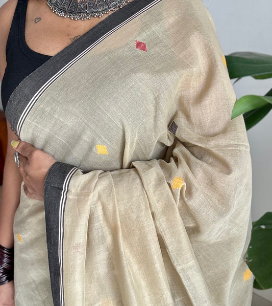 Handloom Bengal soft cotton saree, beige with woven buttas and black borders - YCBCMCSE39