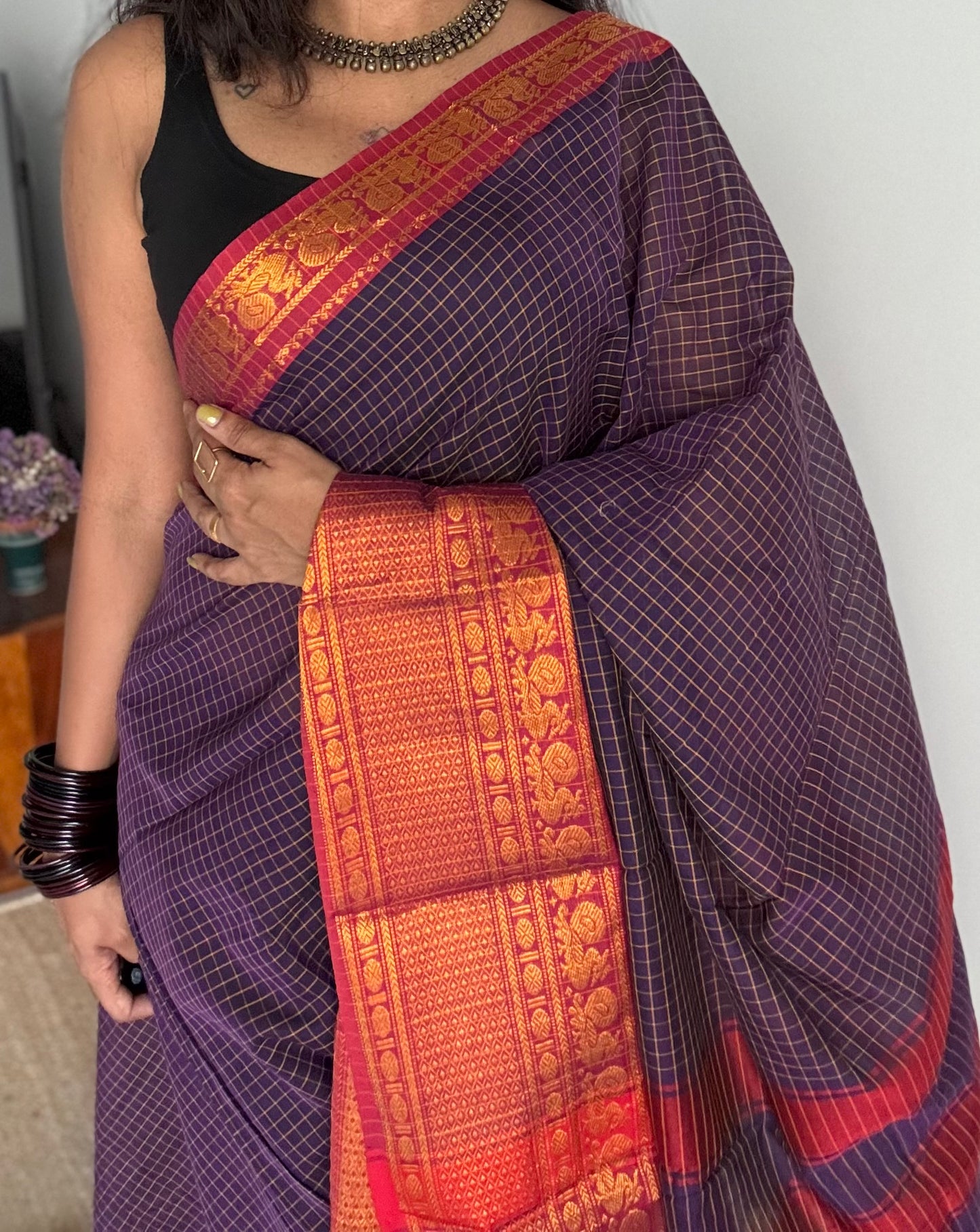 Purple checks with pink zari border, premium narayanpet, soft cotton - YCWOTDNPCFE21