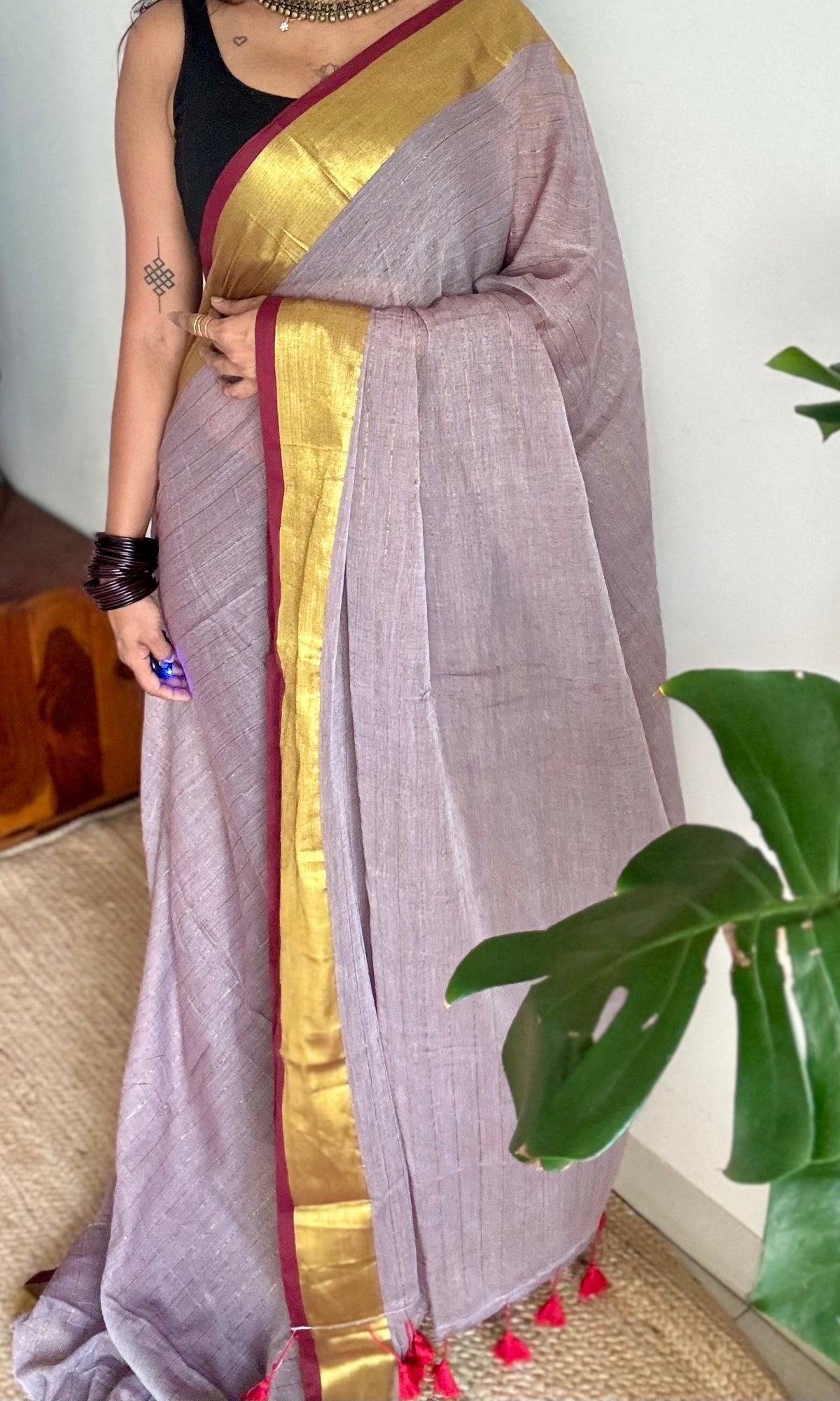 Grey mul cotton saree with zari stripes and maroon highlighted border - YCBCMCSE35