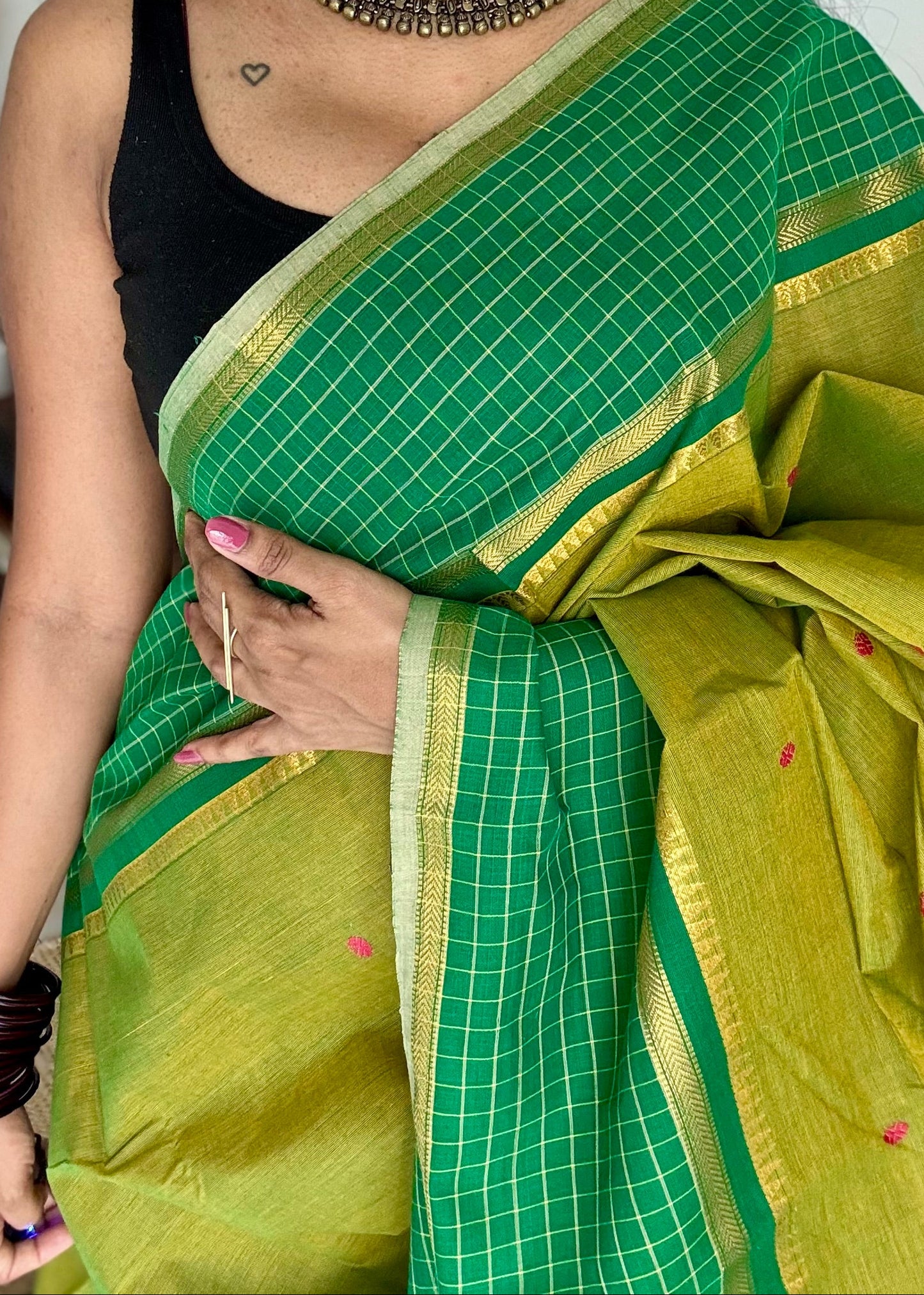Light green and dark green contrast, Chettinad cotton saree with checkered border - YCCOTNMA274