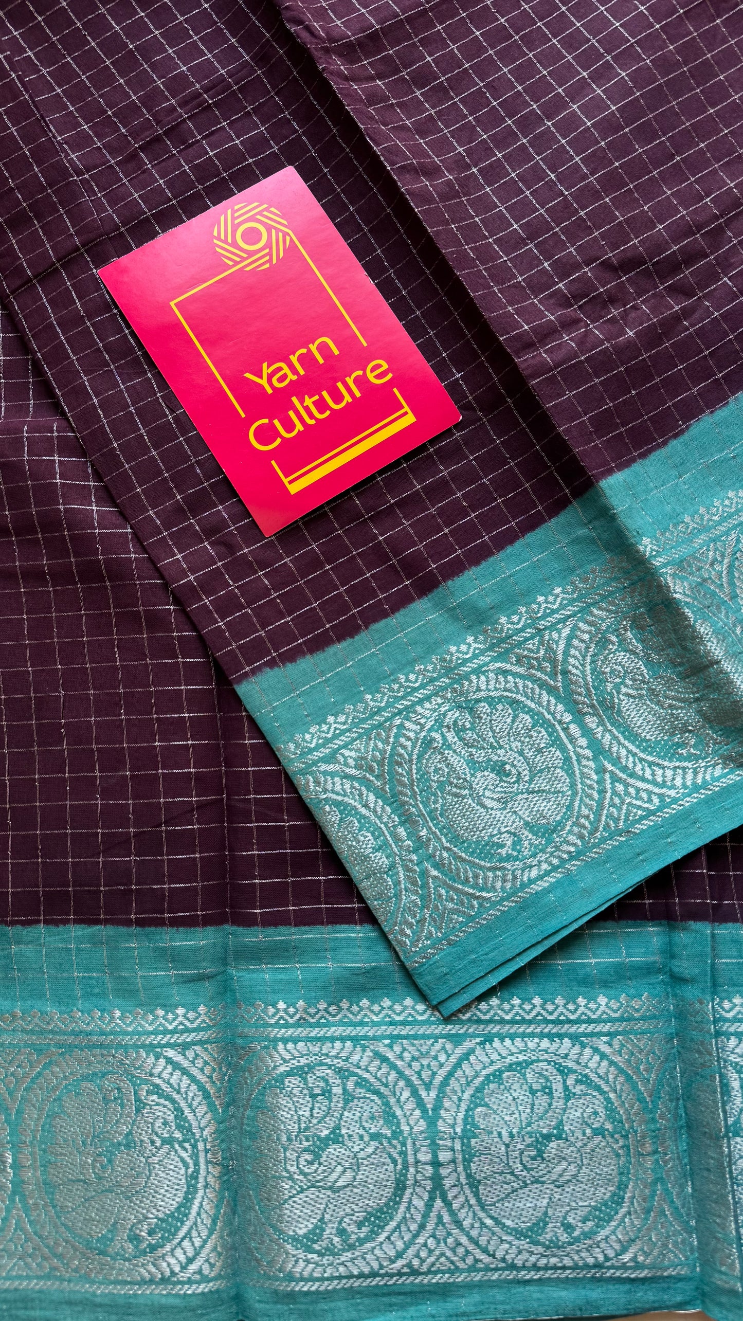Purple brown with turquoise, silver zari checkered sungudi, kattuchayam dyed madurai cotton - YCCOTNMSAP106