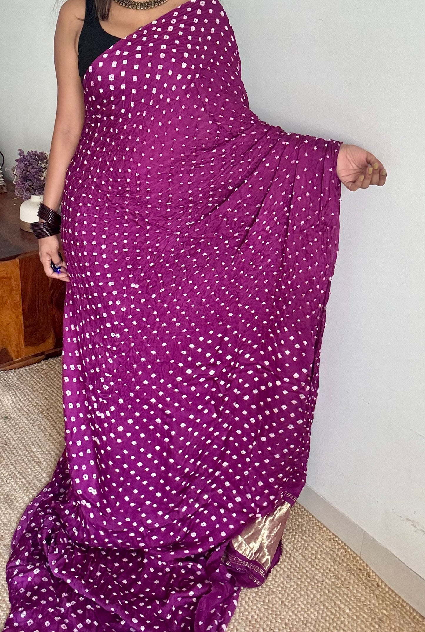 Purple pink (vadamalli) crushed bandhej pure modal silk saree with lagdi patta zari pallu - YCTOKBM329