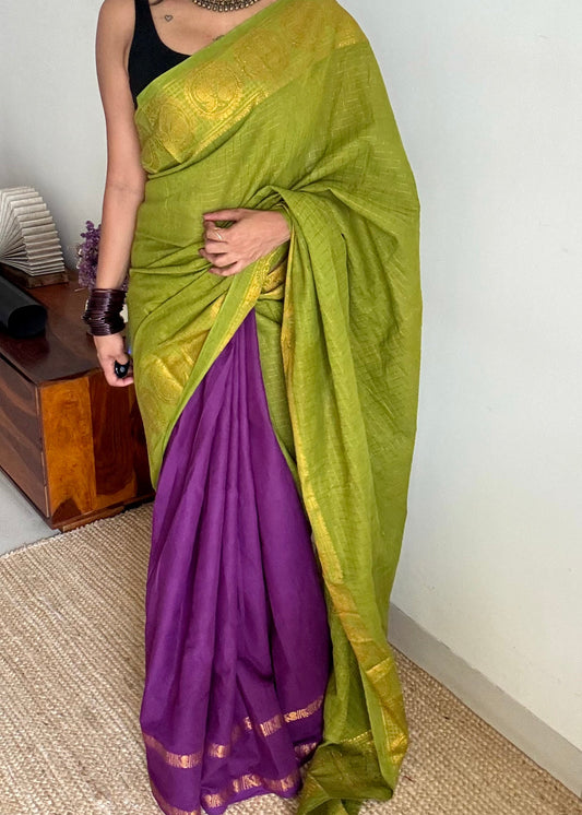 Light green and purple, sungudi cotton half-half saree - YCCOTNIDMA298