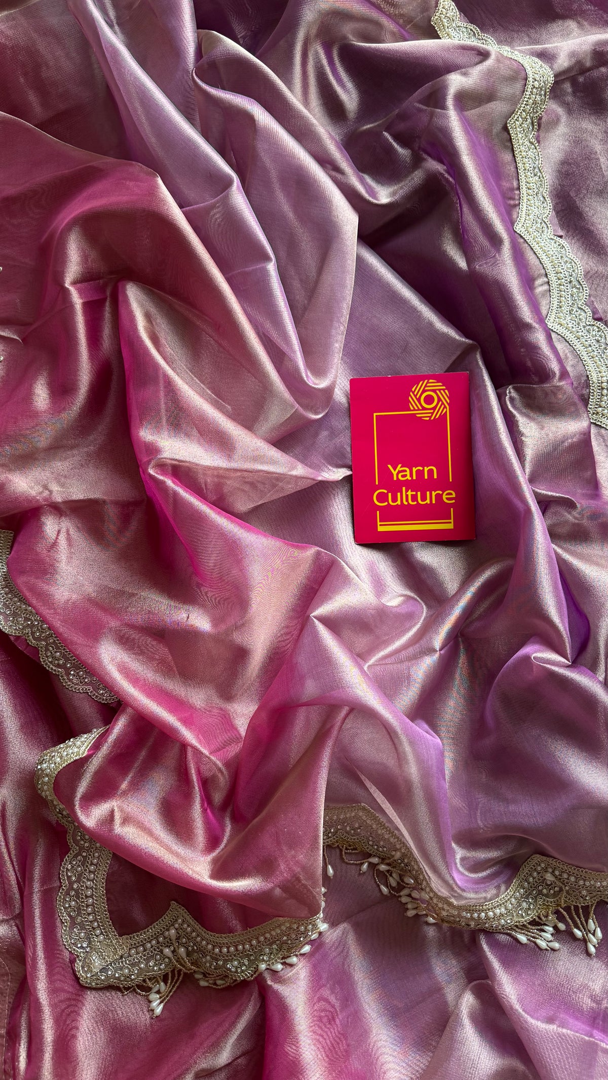 Pink and purple tissue Banarasi saree with embellished pearl lace border - YCBLTOC74