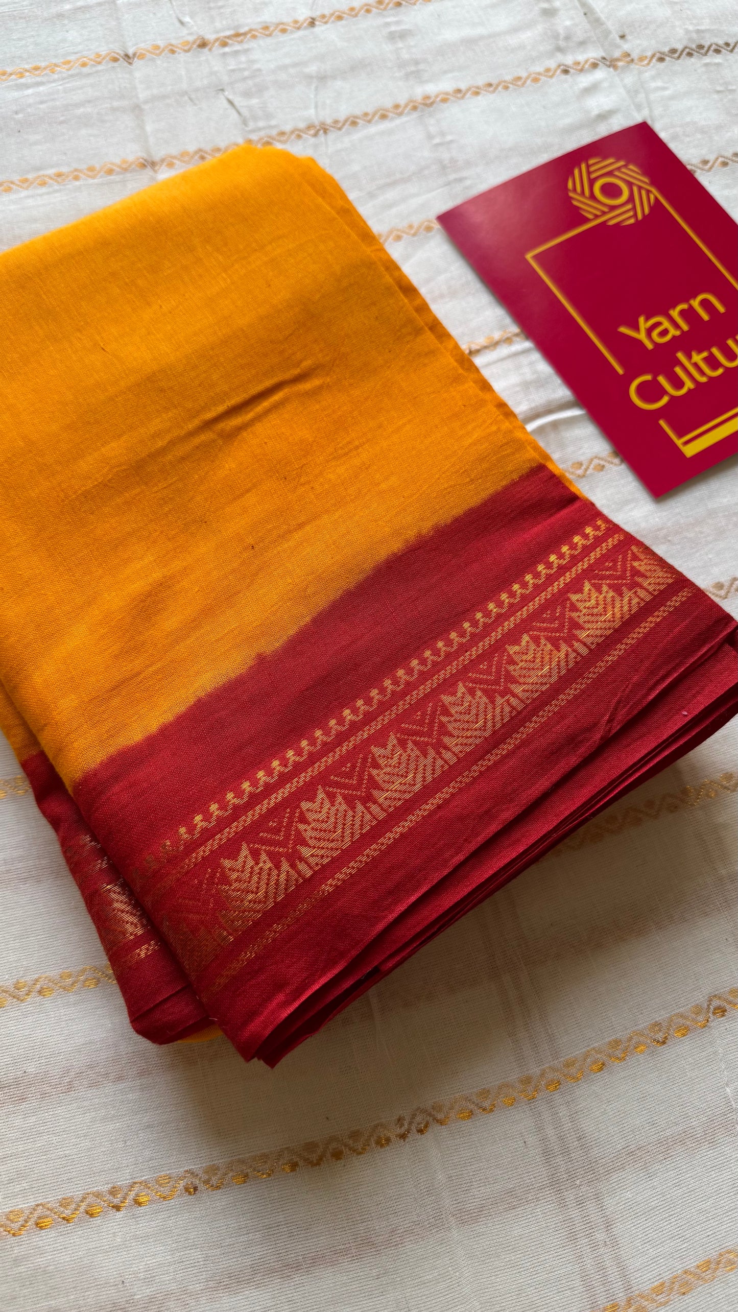 Yellow with red contrast, kattuchayam dyed madurai cotton saree - YCCOTNMA241