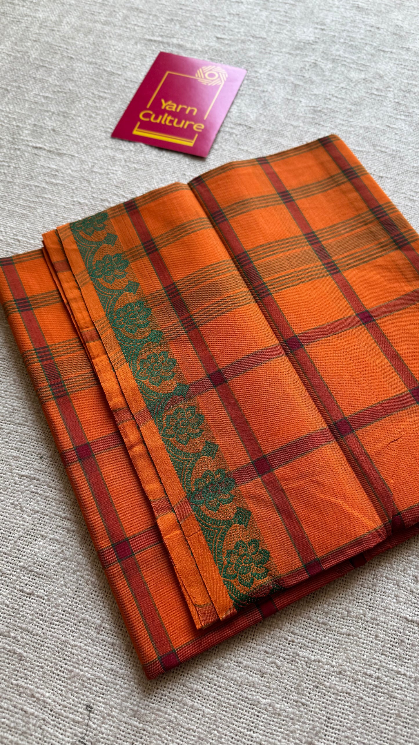 Orange Chettinad cotton saree with checks - YCCOTNCCFE147