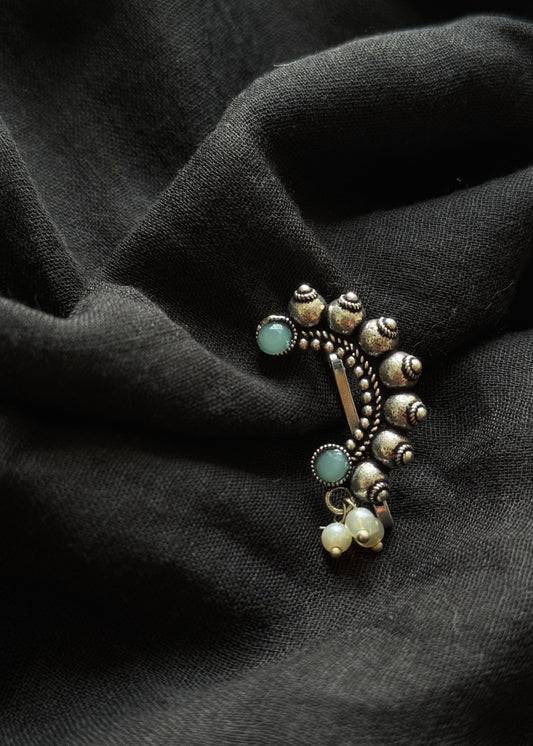 Oxidised silver, mint green, clip on Maharashtrian nath - YCOSNC199