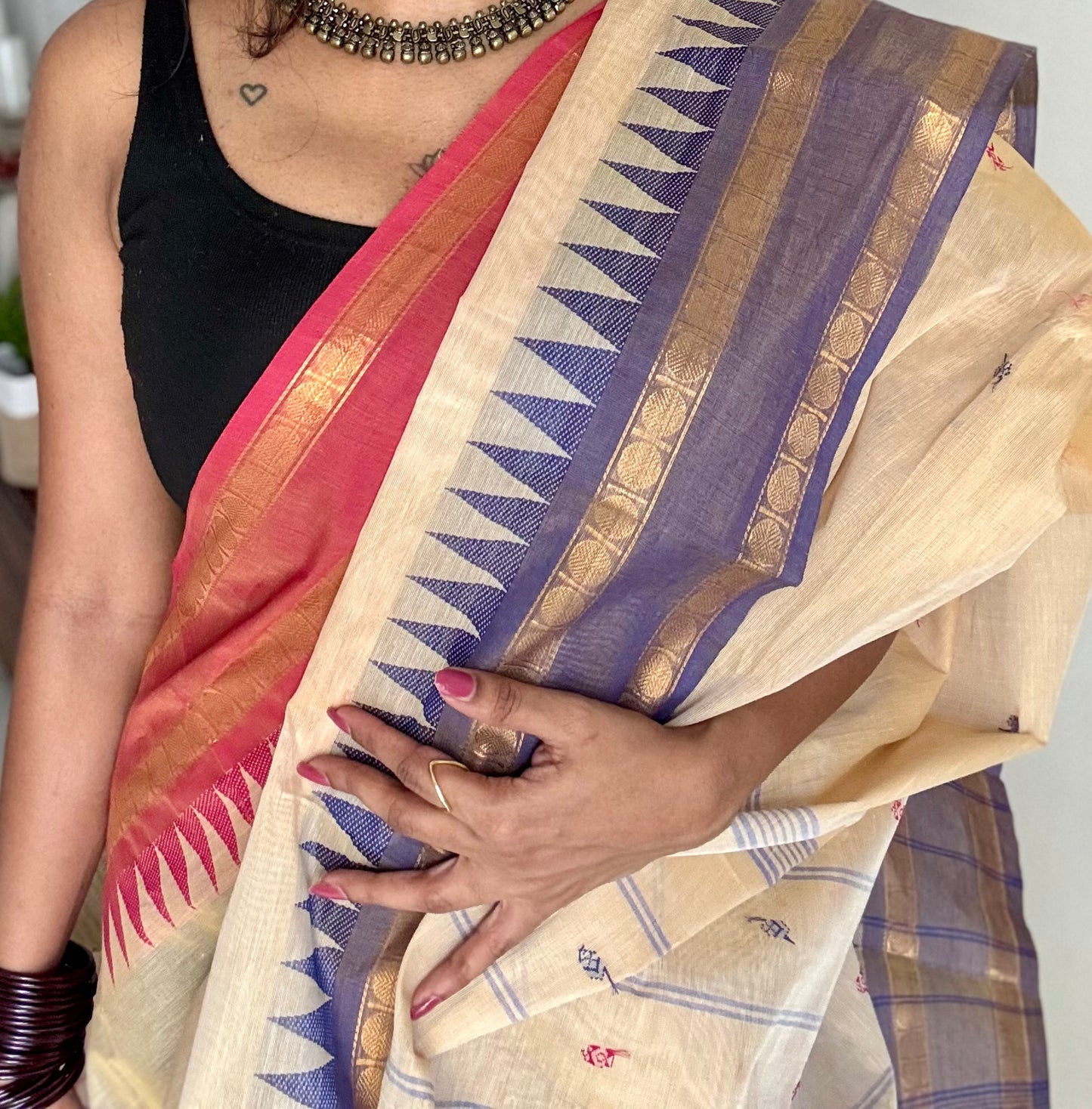 Kanchi cotton saree, cream with light red and violet dual border - YCCOTNAP99