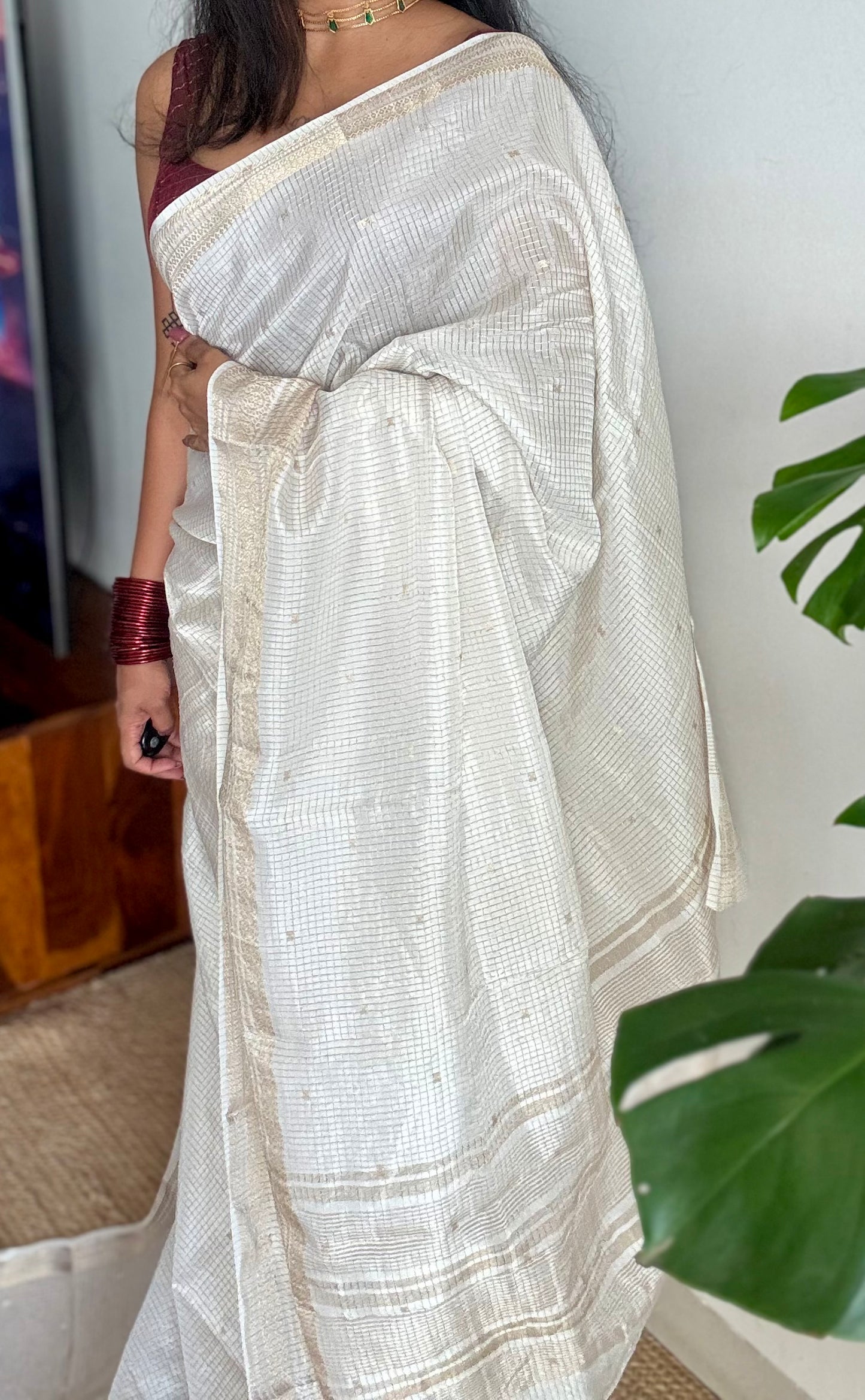 Off white and gold soft georgette saree, checks, gold border - YCIEON84