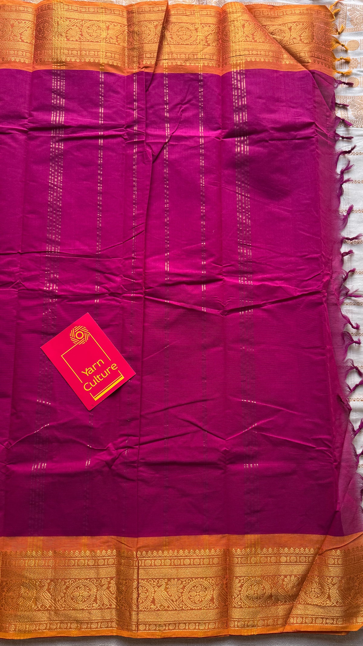 Magenta with turmeric yellow zari border chettinad cotton saree - YCCOTNCKSE17
