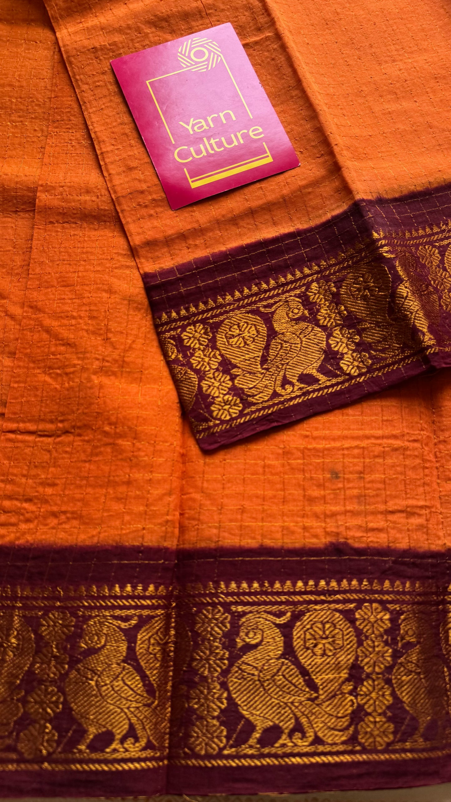 Orange with maroon contrast zari checkered sungudi, kattuchayam dyed madurai cotton - YCCOTNMSAP161