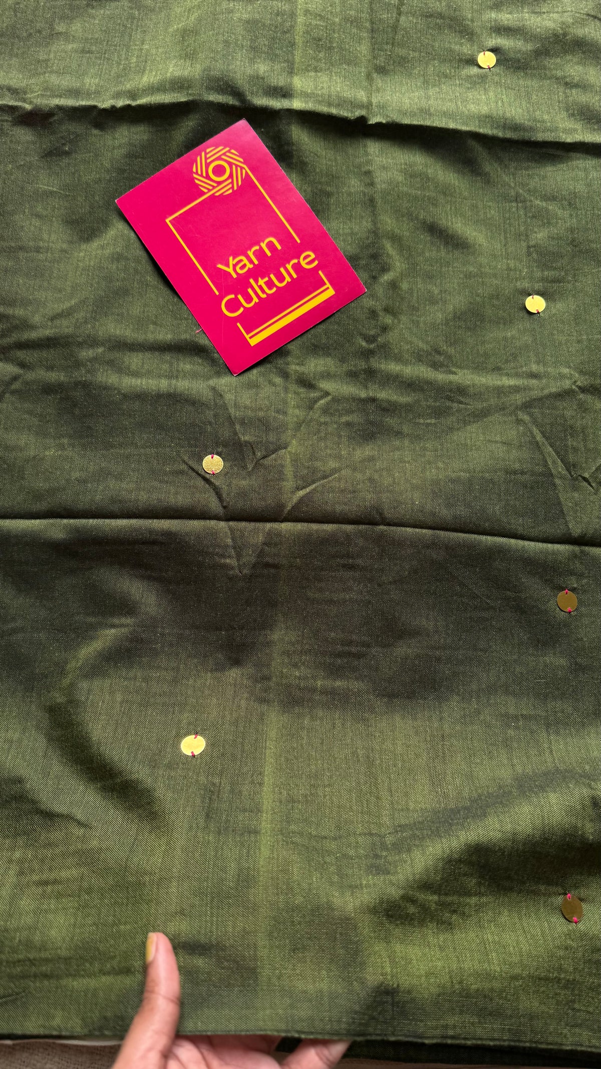 Olive green with ruby contrast pallu, gini sequins, soft cotton saree - YCBCSCOC07