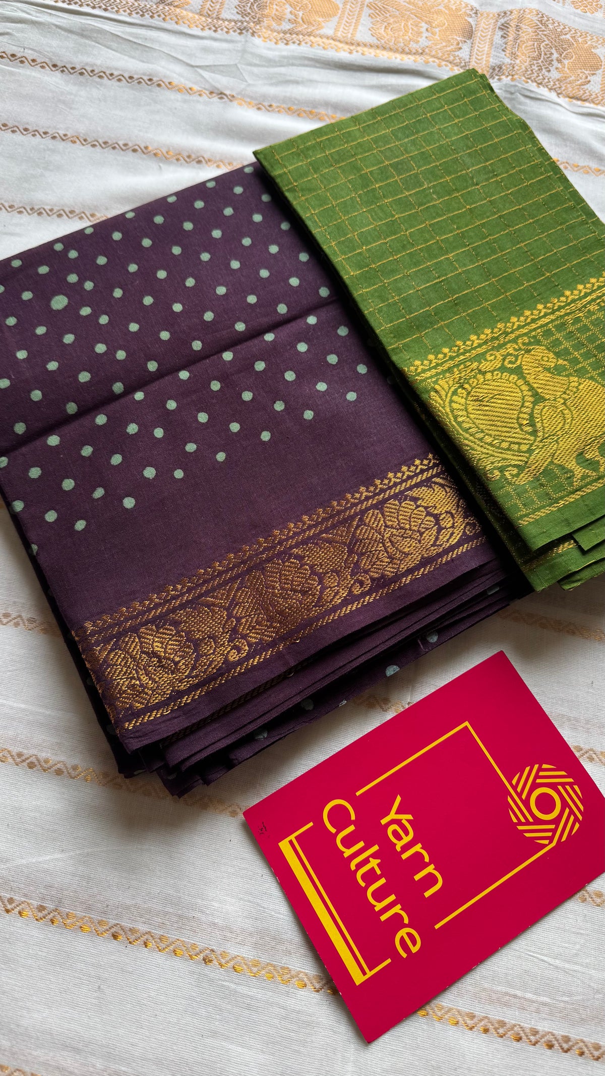 Purple brown sungudi dotted, single-side border, kattuchayam dyed madurai cotton saree - YCCOTNMSSE06