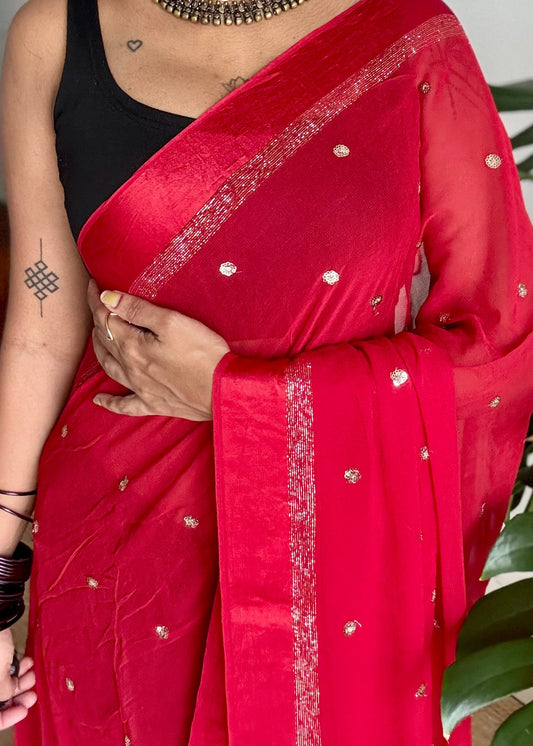 Red viscose georgette saree, gold buttas, satin border - YCDOSOC45