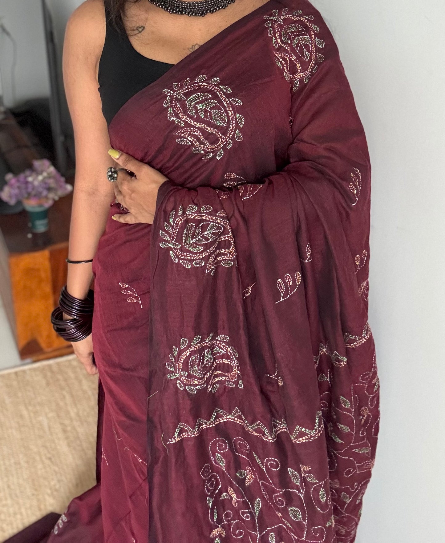 Embroidered maroon kantha weave in soft cotton - YCBCKKJA147