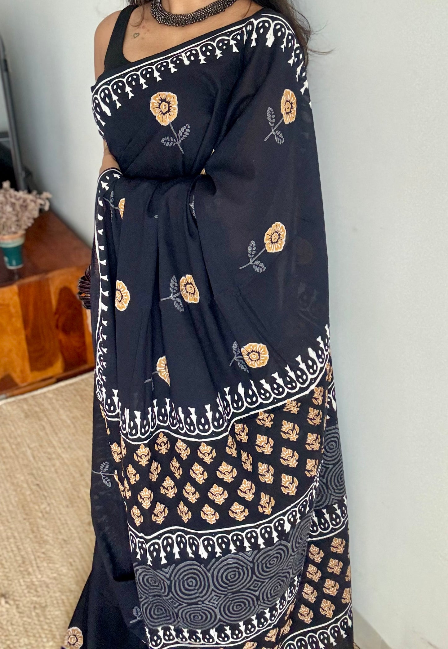 Midnight Marigold – a soft bloom of spring, block print, soft cotton - YCTOROCBP63