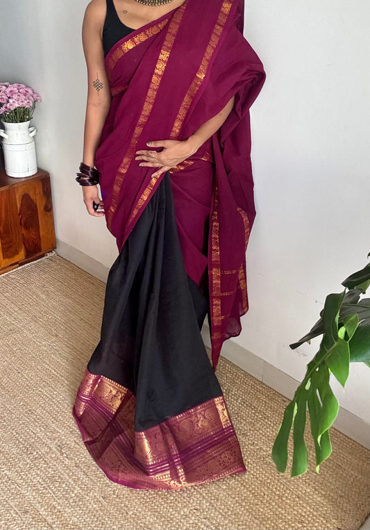 Purple pink (vadamalli) with black, sungudi and chettinad cotton half and half saree - YCCOTNIDOC129