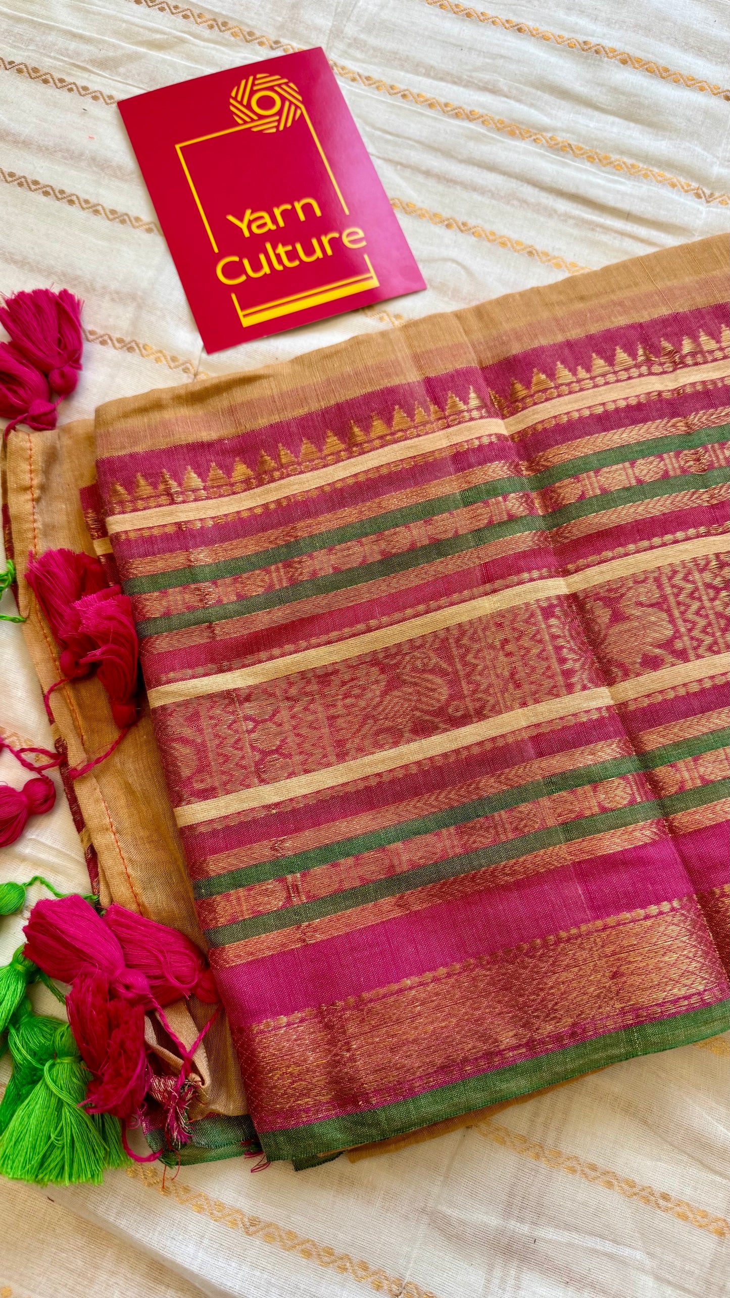 Sandal mul saree, multicoloured wide kanchi border - YCIEON37