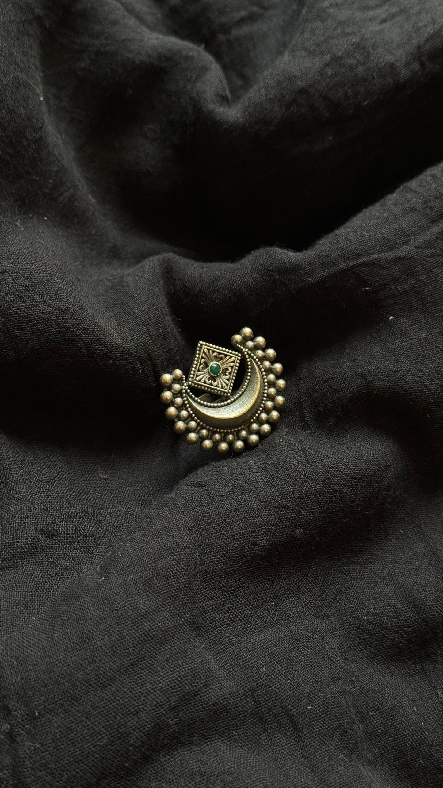 Adjustable ring, half moon ring, green stone - YCOSFR603