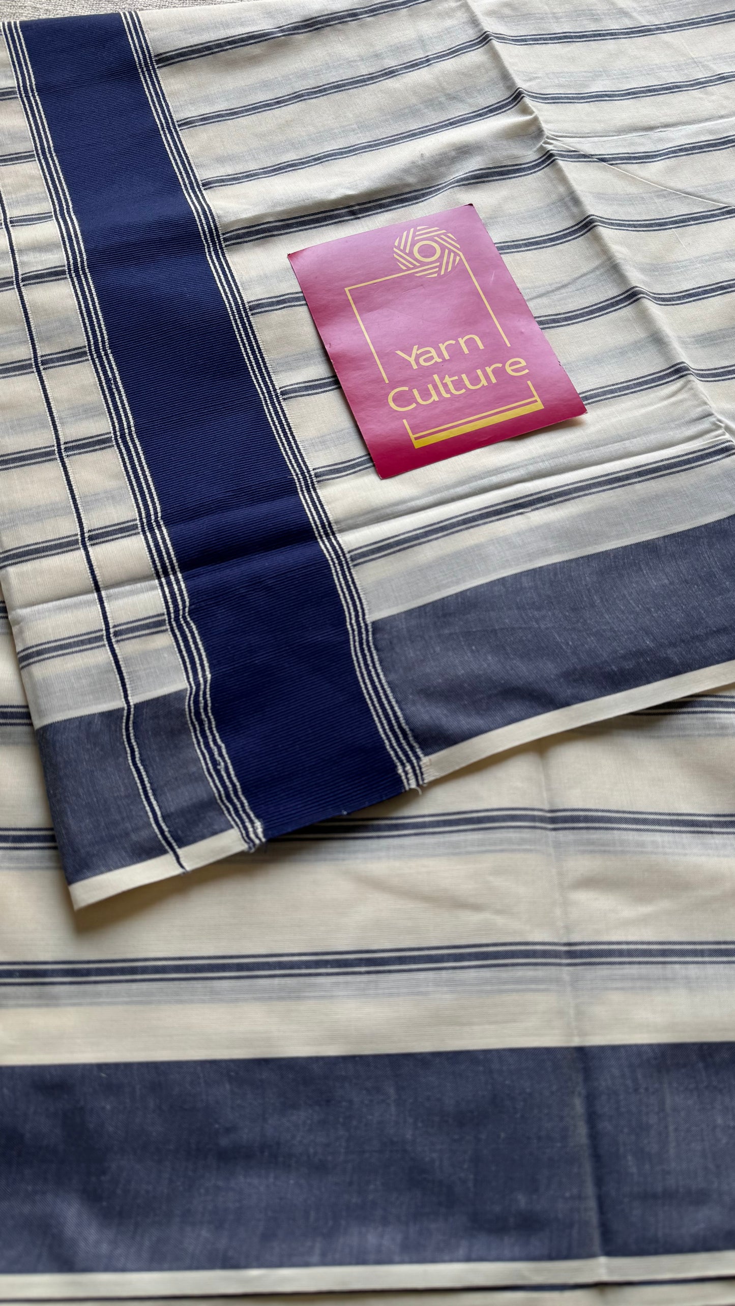 Ivory Kerala cotton saree with blue stripes and border - YCIEKCFE320