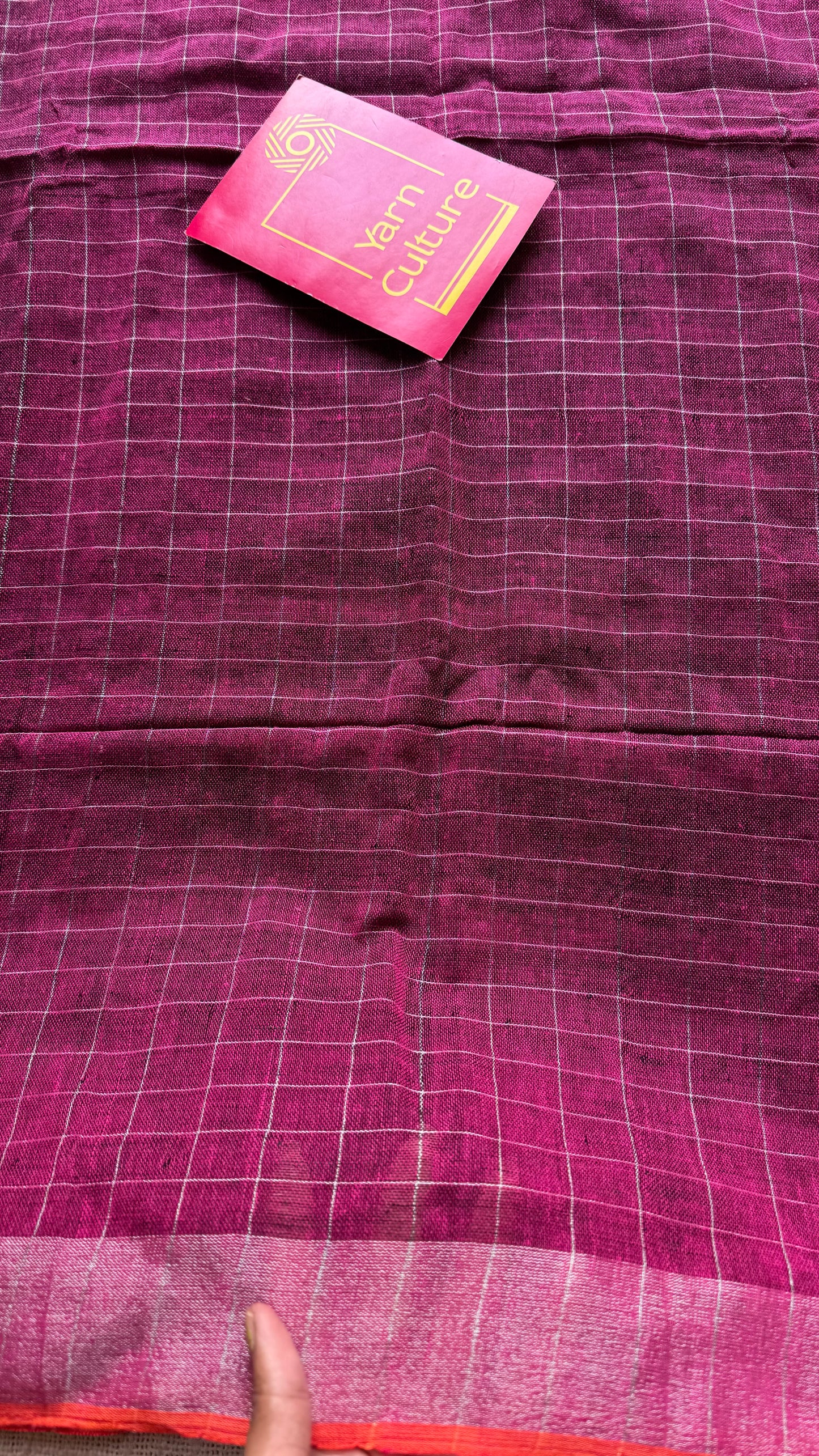 Ruby linen by cotton saree, silver checks & zari pallu - YCBCLCFE387