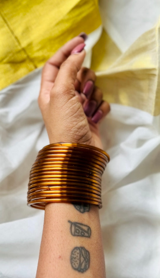 Light golden brown glossy glass bangles, set of 12 - YCBANGL835