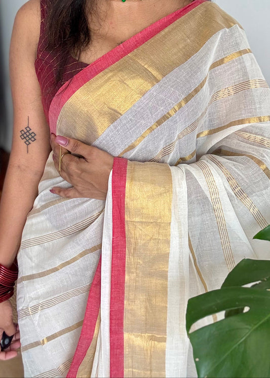 Ivory mul saree, gold stripes with red border - YCIEON04