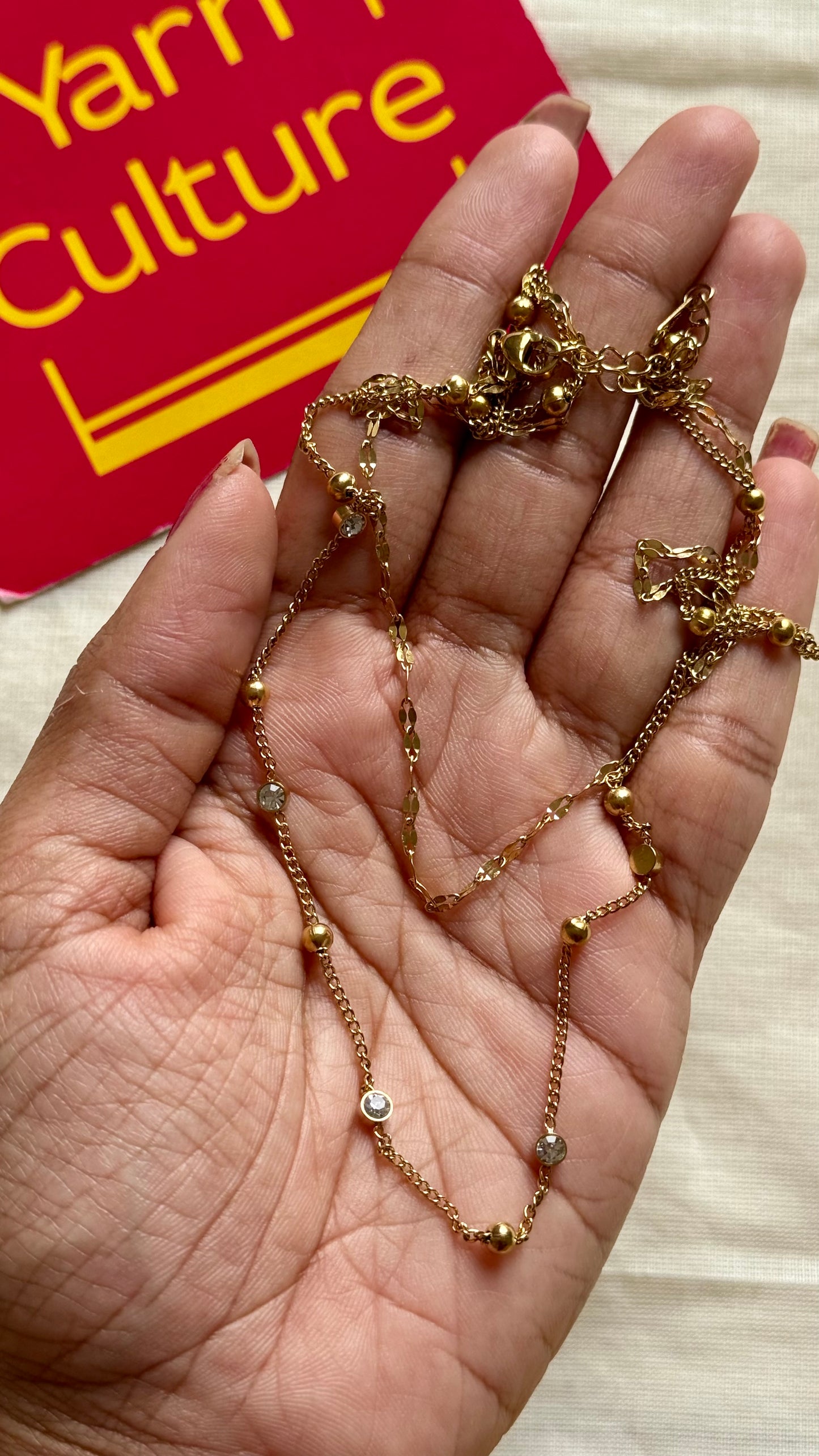 Gold plated double layered chain, white stones - YCGPC393