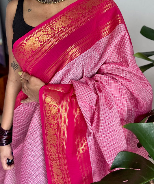 Pink checks with hot pink zari border kanchi cotton saree - YCCOTNCKSE21
