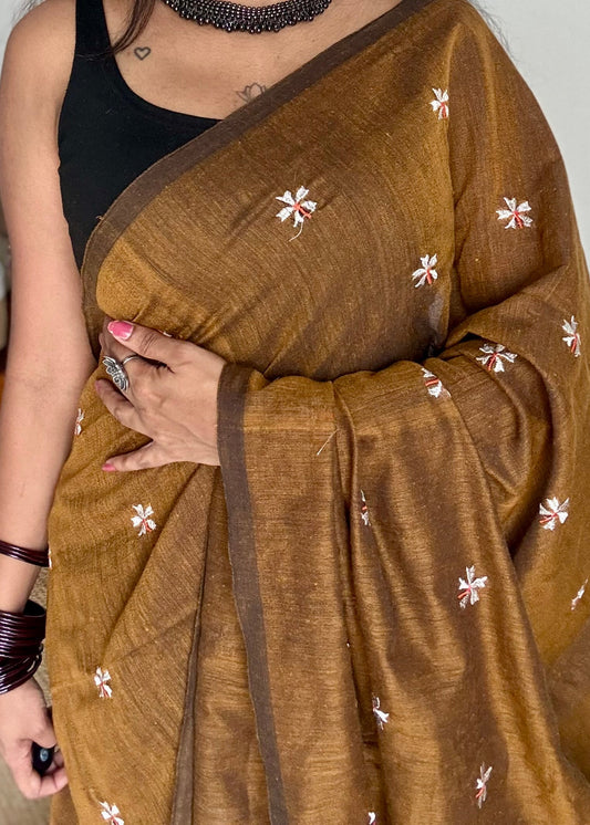Mustard brown parijat soft cotton saree  - YCBCKCAP39